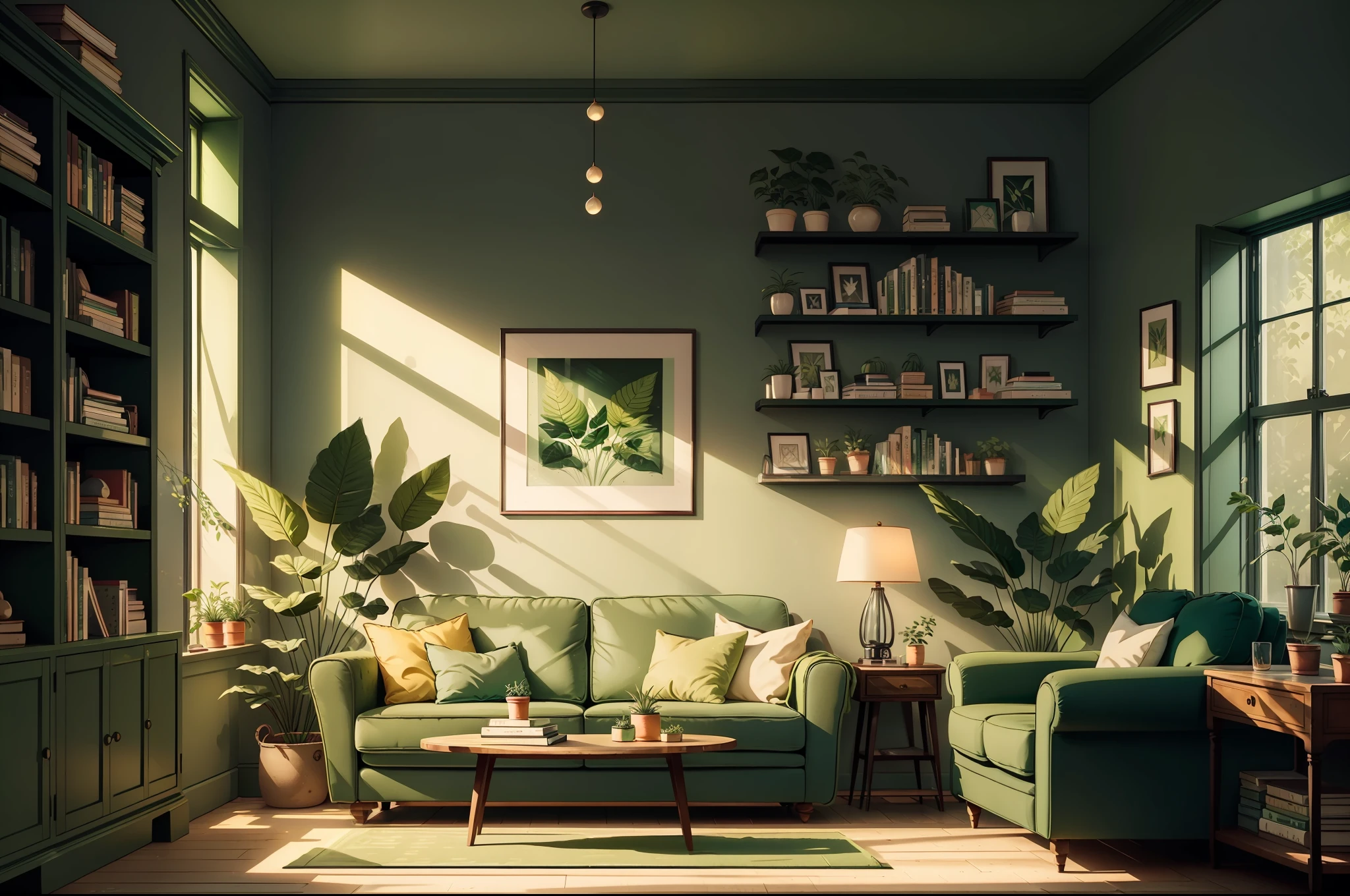 녹색 소파가 있는 거실, 벽에는 녹색 식물, 책이 있는 책장, 아름다운 이미지를 지닌 영화 같은 장면을 담은 사진, 햇빛이 비치는 맑은 환경