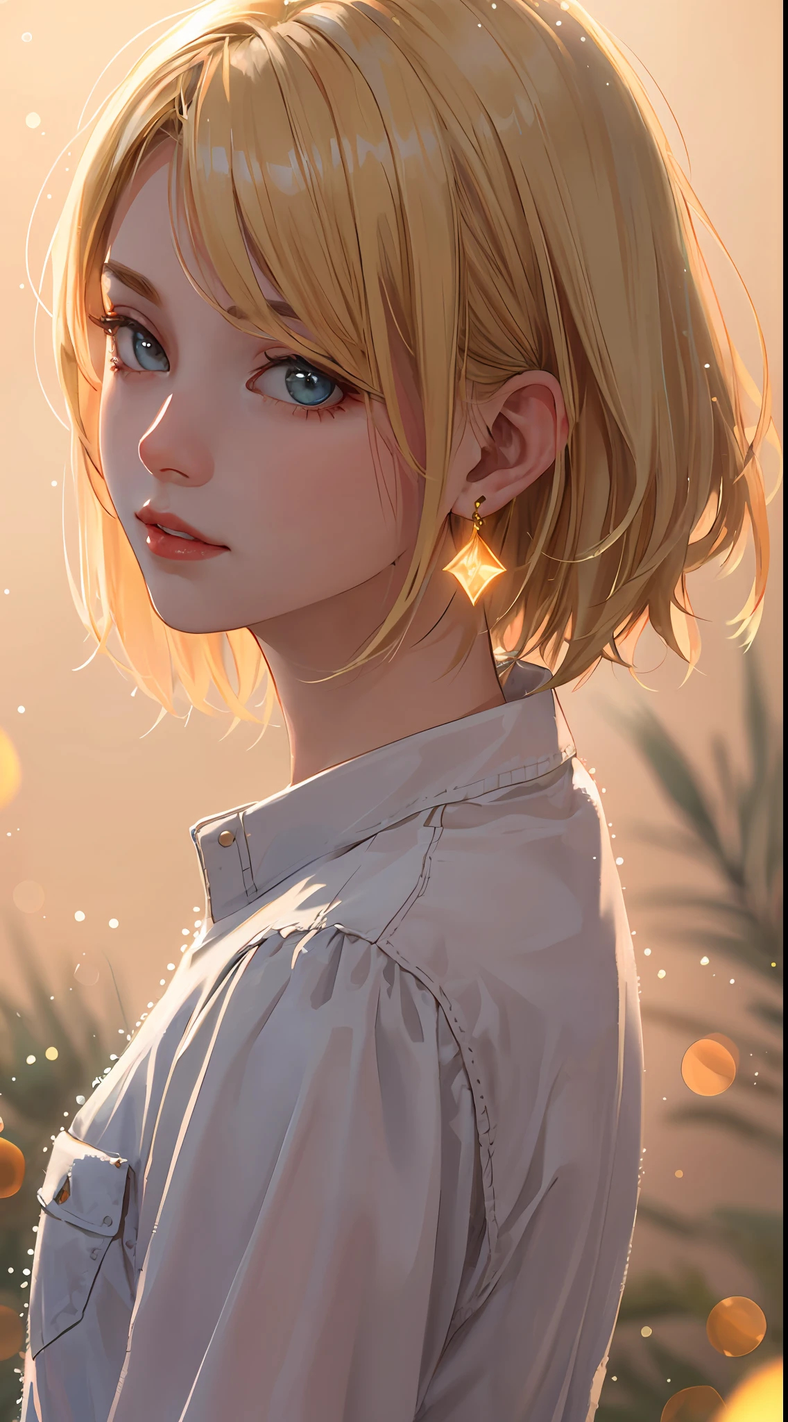 Realistic, Top Quality, 8K UHD, DSLR, Soft Lighting, High Quality, Film Grain, Fujifilm XT3, Intricate Details, Depth of Field, Girl 20 years old, (Lens flare, Backlight:1.2), (Blonde, Short hair), Earrings, Hair ornament, Look at viewer, Flash, ((Short hair)), Nice hairstyle, Very short, Nice style,