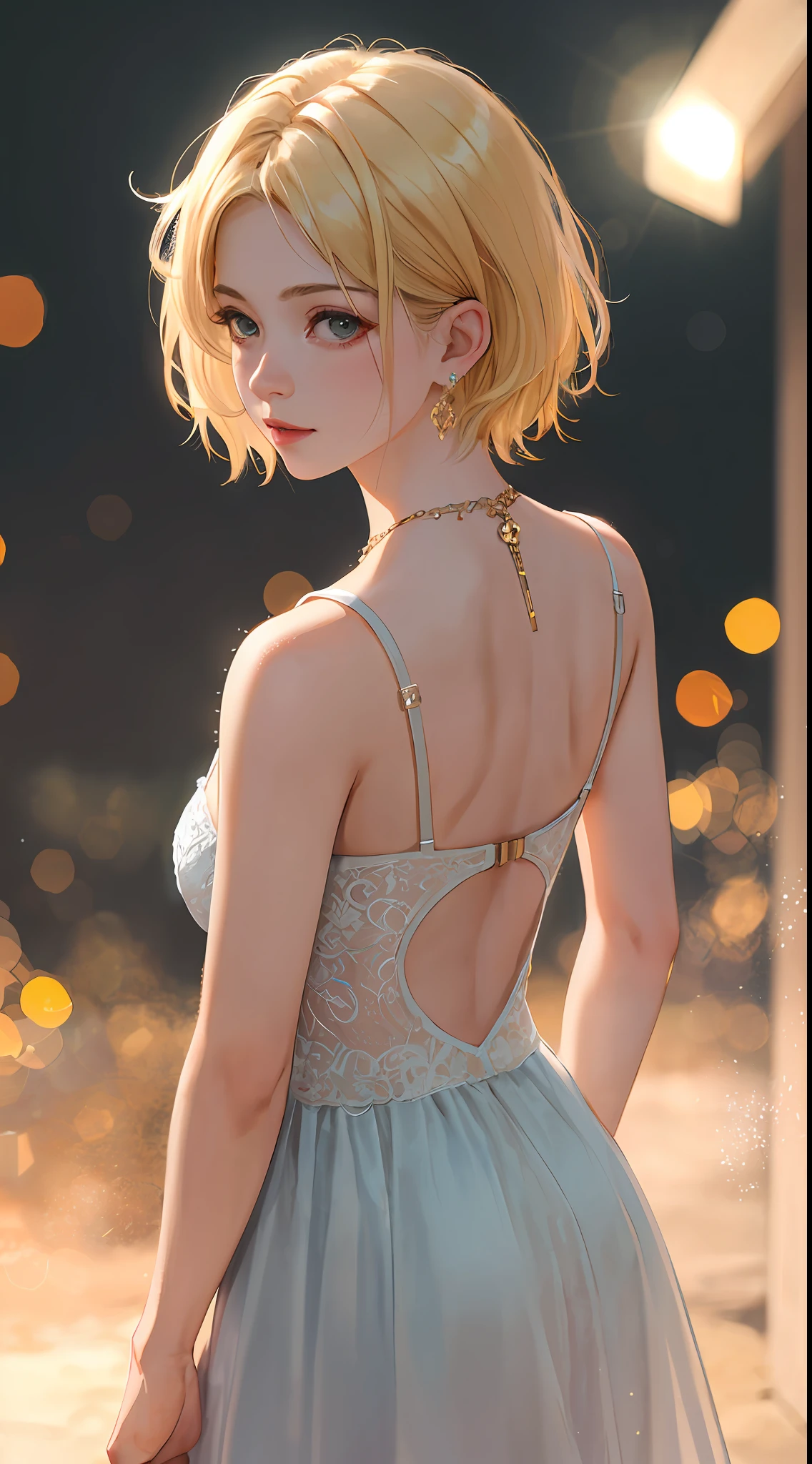 Realistic, Top Quality, 8K UHD, DSLR, Soft Lighting, High Quality, Film Grain, Fujifilm XT3, Intricate Details, Depth of Field, Girl 20 years old, (Lens flare, Backlight:1.2), (Blonde, Short hair), Earrings, Hair ornament, Look at viewer, Flash, ((Short hair)), Nice hairstyle, Very short, Nice style,