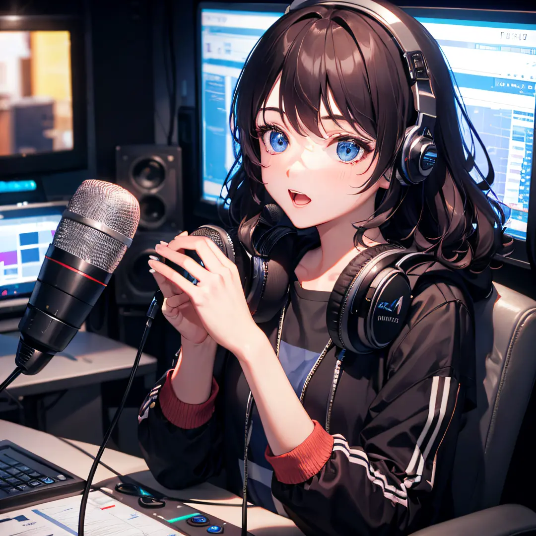 Broadcaster in FM radio studio, brunette, wavy hair, talking into the microphone, realistic, full HD, 3d, 4k --auto