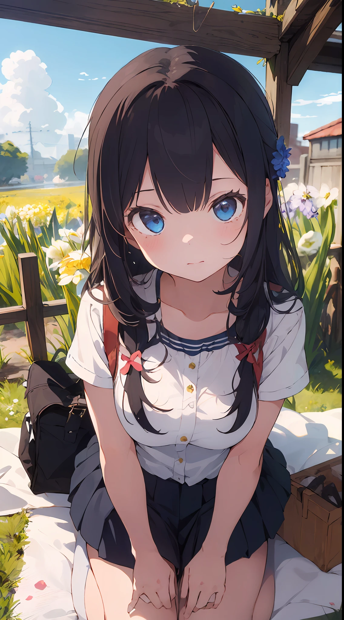 ((masterpiece,best quality)),(1girl, solo:1.4),negative space:1.3,from above,beautiful detailed eyes, vivid, cloudy sky, flower, anemone \(flower\), daffodil, hyacinth,falling petals,sanshoku dango, hanami, picnic, incoming kiss, incoming hug,