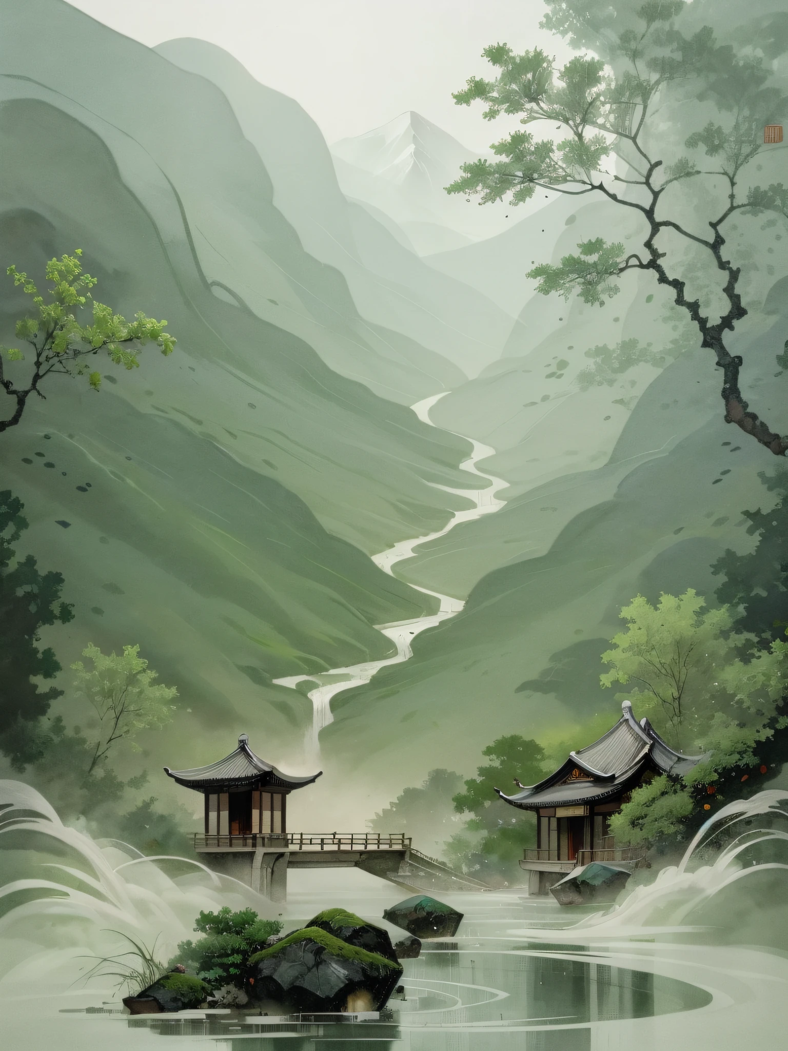 In the style of Chinese martial arts, the palace floats in the air, the mountains and cliffs are connected, the silhouette light outlines the atmosphere, the depth of field reveals the rising mist, surrounded by bamboo, pine and stone pavilions, and the rushing waterfall.