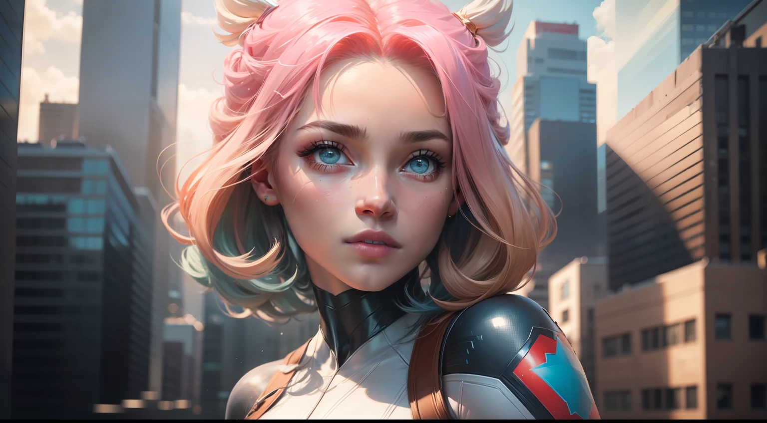 (1girl:1.3), Solo, (((Very detailed face)))), ((Very detailed eyes and face)))), Beautiful detail eyes, Body parts__, Official art, 8k unified wallpaper, Super detailed, beautiful and beautiful, beautiful, masterpiece, best quality, original, masterpiece, super thin photo, best quality, super high resolution, realistic realism, sunlight, short blue hair pink tips, facial marks, hair ornaments,  full body portrait, amazing beauty, dynamic pose, delicate face, vibrant eyes, (from the front), She wears Spider-Man suit, red and black color scheme, spider, very detailed city roof background, roof, with city view, detailed face, detailed complex busy background, messy, gorgeous, milky white, highly detailed skin, realistic skin details,  visible pores, clear focus, volumetric mist, 8k uhd, DSLR, high quality, film grain, light skin, photographic realism, lomography, futuristic dystopian megalopolis, translucent