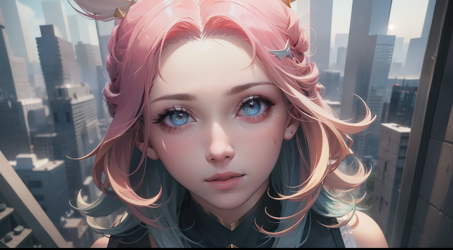 (1girl:1.3), Solo, (((Very detailed face)))), ((Very detailed eyes and face)))), Beautiful detail eyes, Body parts__, Official art, 8k unified wallpaper, Super detailed, beautiful and beautiful, beautiful, masterpiece, best quality, original, masterpiece, super thin photo, best quality, super high resolution, realistic realism, sunlight, short blue hair pink tips, facial marks, hair ornaments,  full body portrait, amazing beauty, dynamic pose, delicate face, vibrant eyes, (from the front), She wears Spider-Man suit, red and black color scheme, spider, very detailed city roof background, roof, with city view, detailed face, detailed complex busy background, messy, gorgeous, milky white, highly detailed skin, realistic skin details,  visible pores, clear focus, volumetric mist, 8k uhd, DSLR, high quality, film grain, light skin, photographic realism, lomography, futuristic dystopian megalopolis, translucent