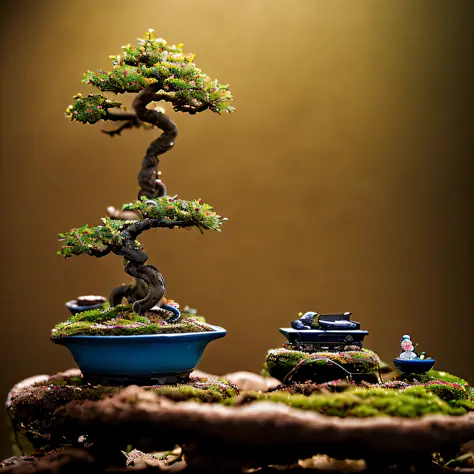 Miniature Bonsai landscape with dolls on top of Realistic, Photography, Studio lighting, shot by Phase One camera, HDR clarity d...