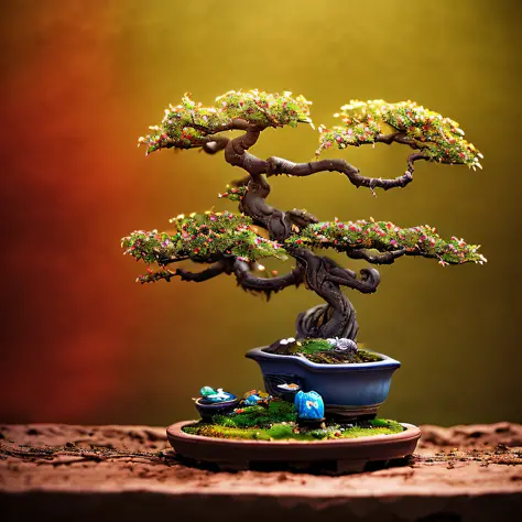 Miniature Bonsai landscape with dolls on top of Realistic, Photography, Studio lighting, shot by Phase One camera, HDR clarity d...