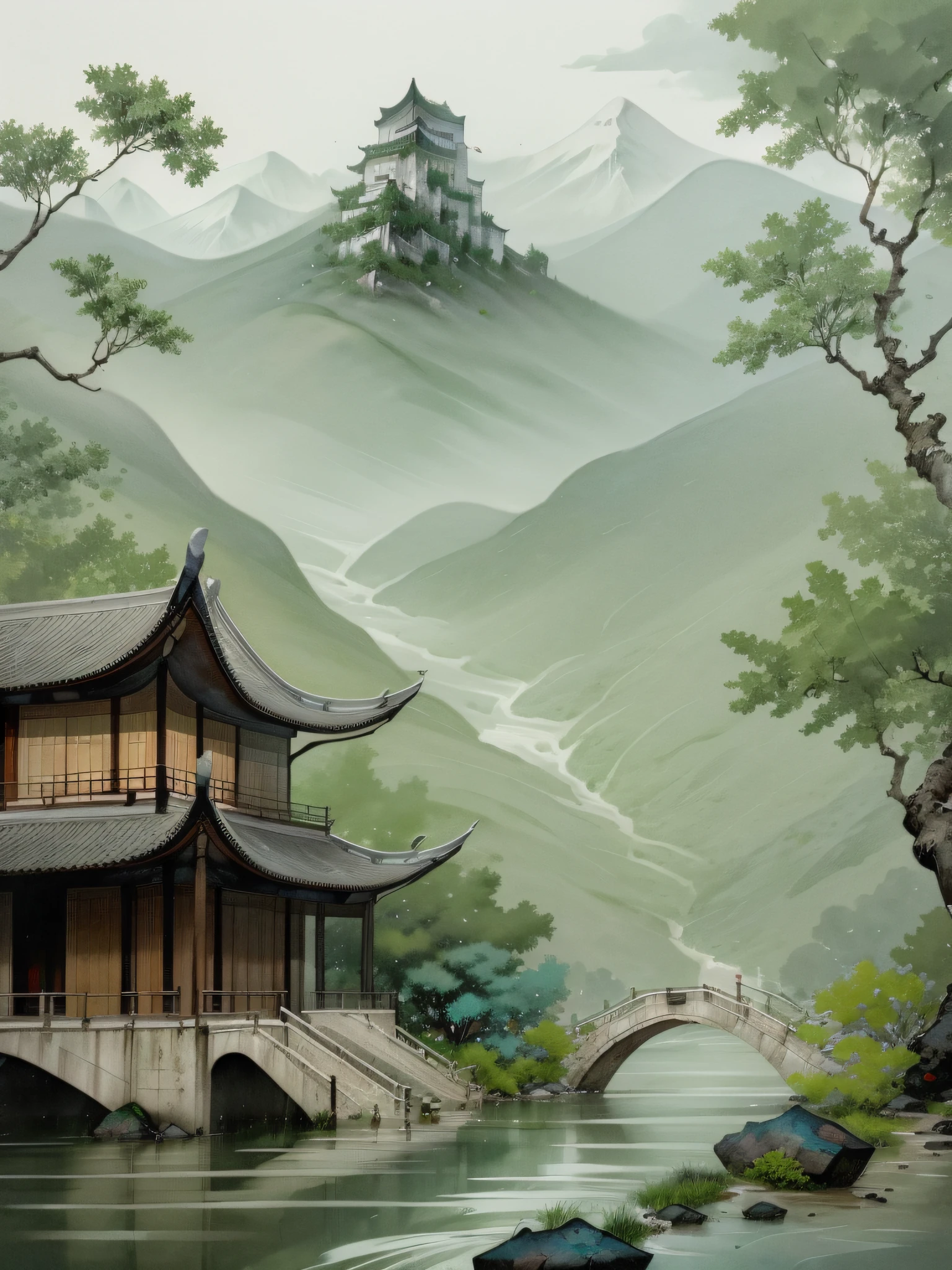 In the style of Chinese fairy tales, the palace floats in the air, mountains and cliffs are continuous, the silhouette light outlines the atmosphere, the depth of field reveals the rising mist, surrounded by welcoming pines and stone pavilions, and waterfalls rushing.