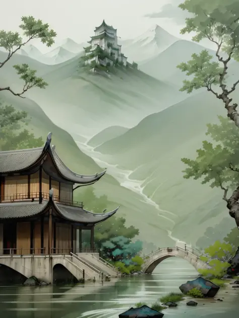 in the style of chinese fairy tales, the palace floats in the air, mountains and cliffs are continuous, the silhouette light out...