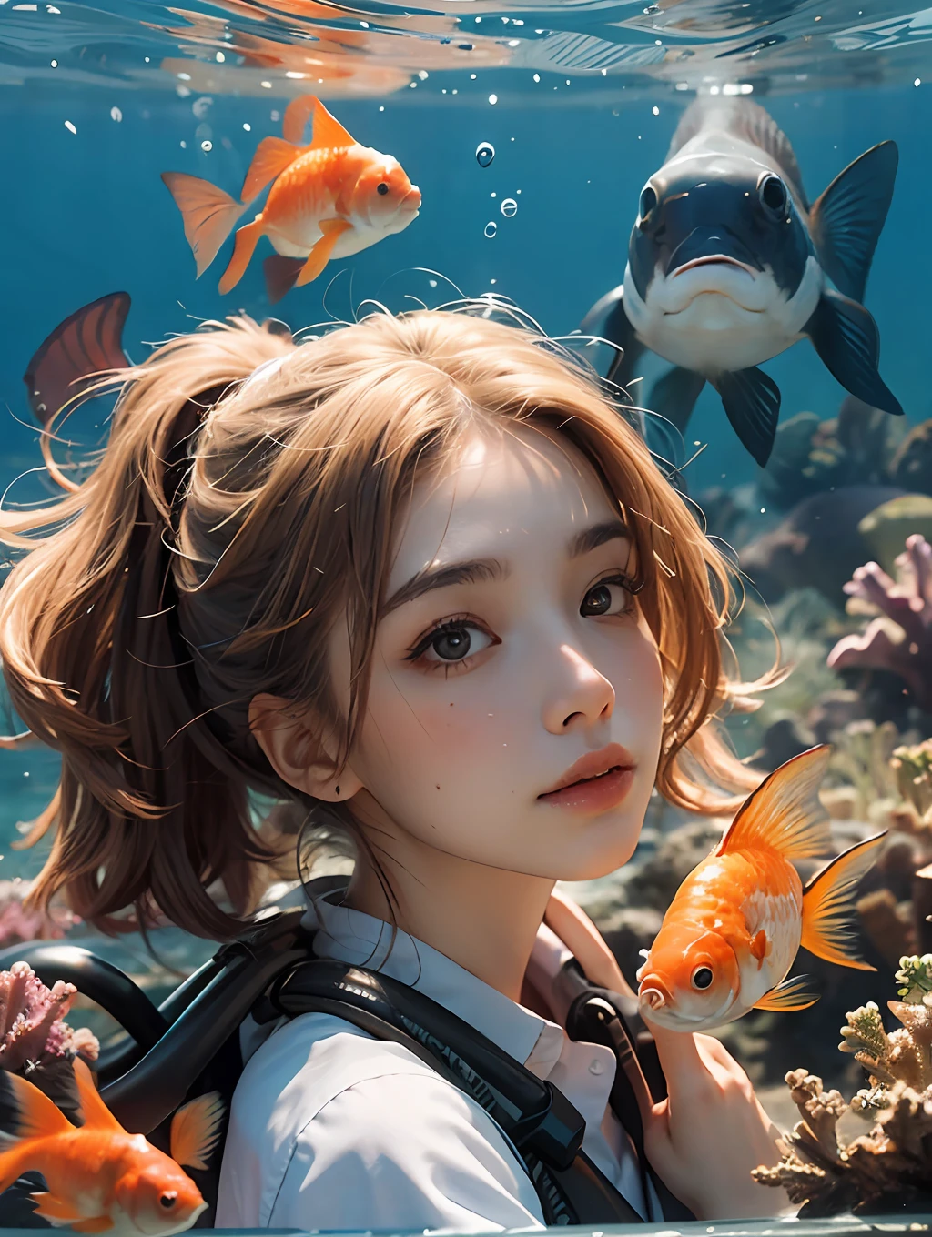 1 woman, in the sea, goldfish, dive, fish, face closeup,