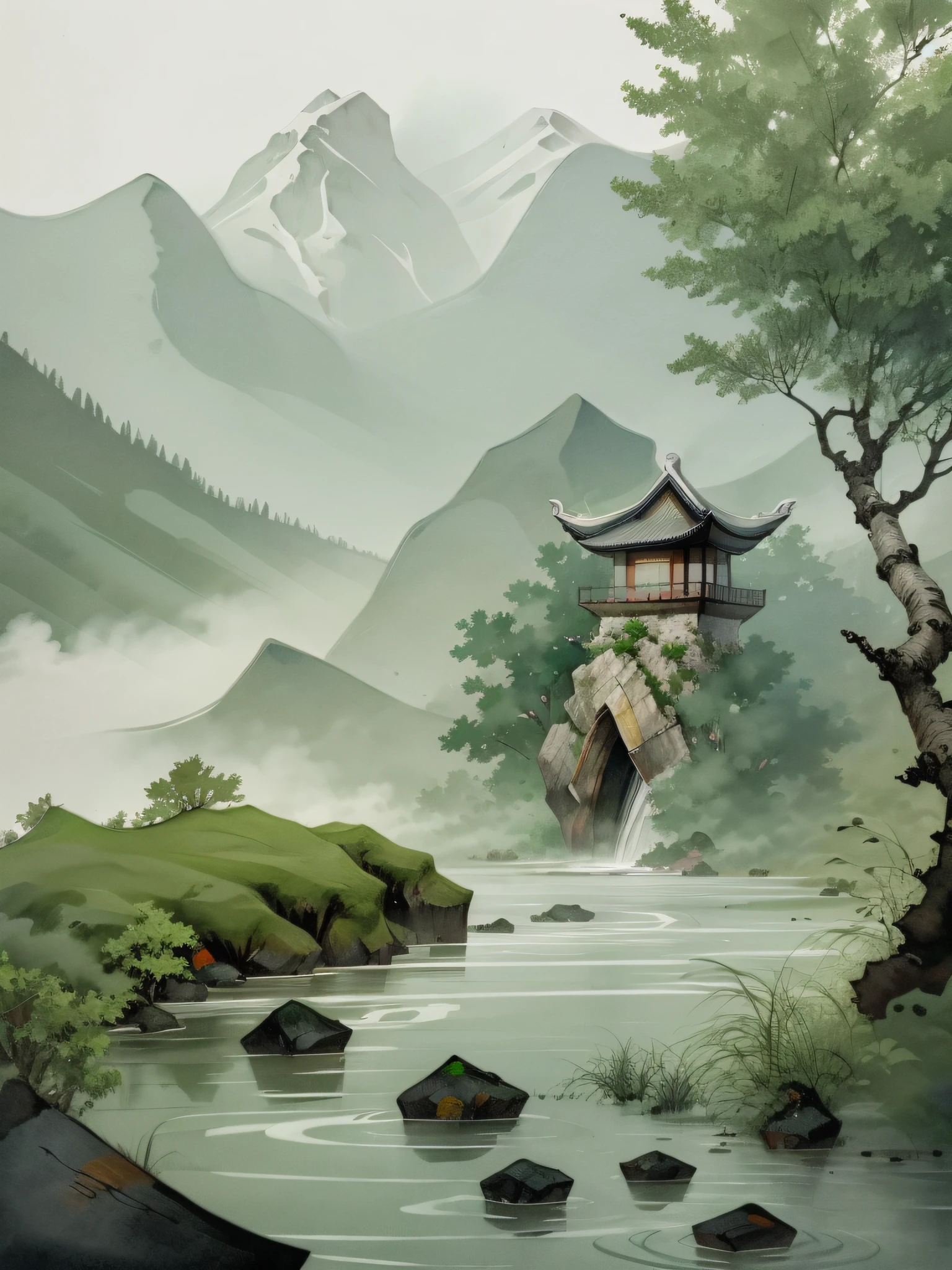 In the style of Chinese fairy tales, the palace floats in the air, mountains and cliffs are continuous, the silhouette light outlines the atmosphere, the depth of field reveals the rising mist, surrounded by welcoming pines and stone pavilions, and waterfalls rushing.