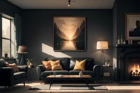 A living room with a natural black sofa, ambient light with a painting in a contemporary frame