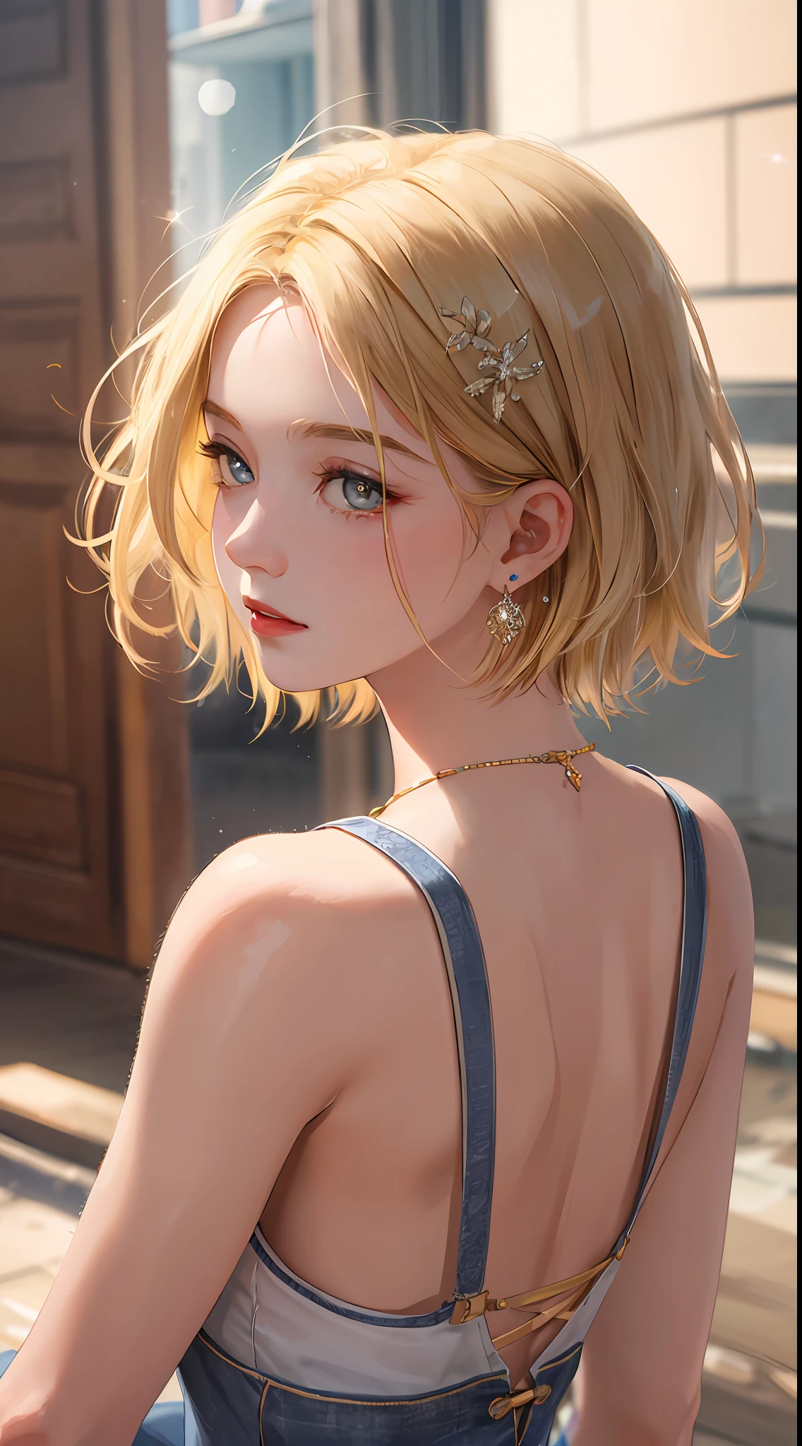 Realistic, Top Quality, 8K UHD, DSLR, Soft Lighting, High Quality, Film Grain, Fujifilm XT3, Intricate Details, Depth of Field, Girl 20 years old, (Lens flare, Backlight:1.2), (Blonde, Short hair), Earrings, Hair ornament, Flash, ((Short hair)), Nice hairstyle, Very short, Nice style,