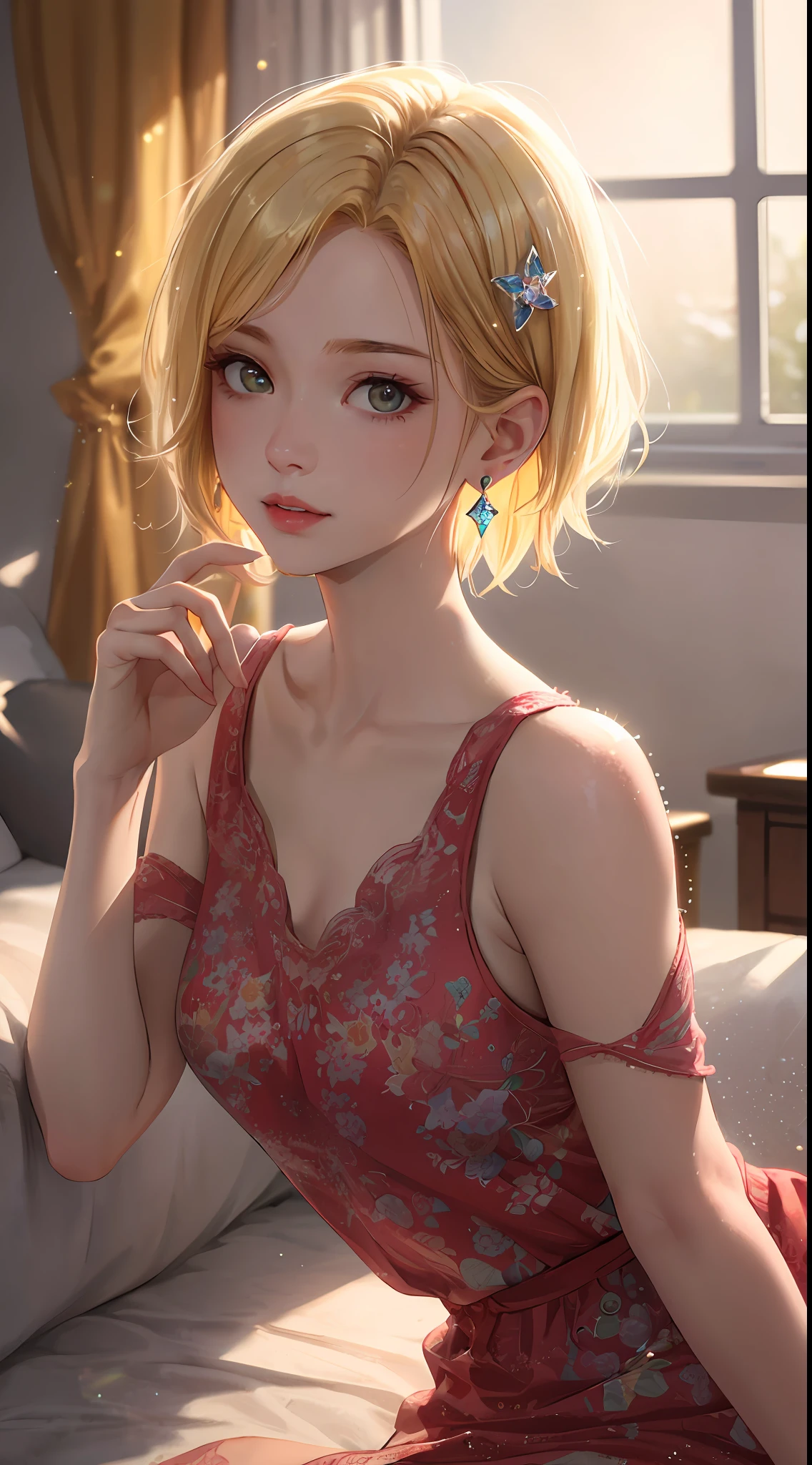 Realistic, Top Quality, 8K UHD, DSLR, Soft Lighting, High Quality, Film Grain, Fujifilm XT3, Intricate Details, Depth of Field, Girl 20 years old, (Lens flare, Backlight:1.2), (Blonde, Short hair), Earrings, Hair ornament, Flash, ((Short hair)), Nice hairstyle, Very short, Nice style,