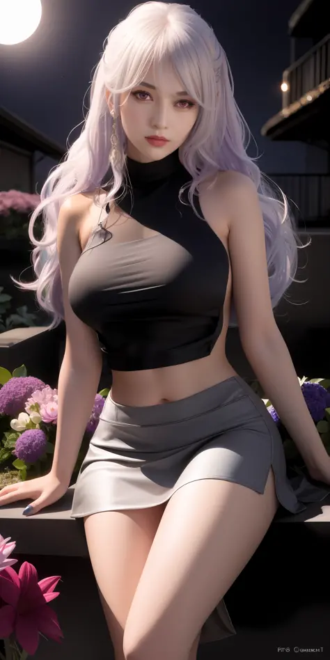 Realistic, 1girl, white hair, purple eyes, glowing eyes, cropped top, skirt, parted lips, blush, night, flowers, sun, sunlight, H-cuP big breasts