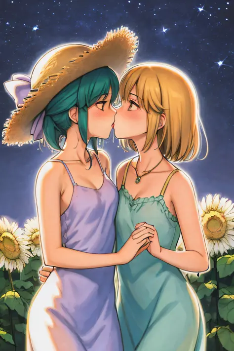 nsfw,(collarbone:1.331), (camisole:1.21),2 girls,yuri,lesbian,kiss,lesbian,,a woman in a floral dress and straw hat standing on ...