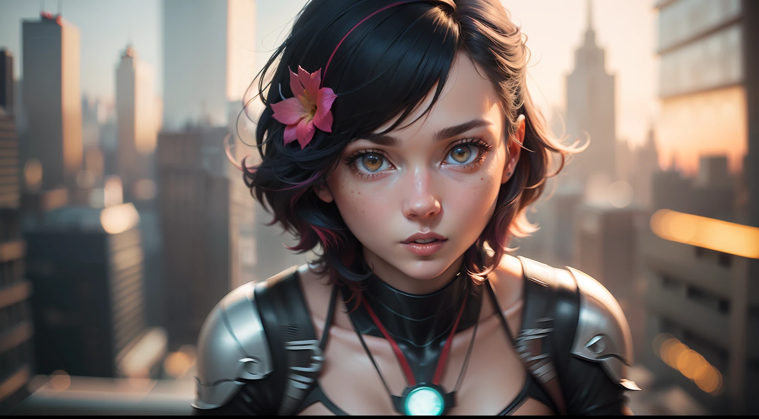 (1girl:1.3), Solo, (((Very detailed face)))), ((Very detailed eyes and face)))), Beautiful detail eyes, Body parts__, Official art, 8k unified wallpaper, Super detailed, beautiful and beautiful, beautiful, masterpiece, best quality, original, masterpiece, super thin photo, best quality, super high resolution, realistic realism, sunlight, short blue hair pink tips, facial marks, hair ornaments,  full body portrait, amazing beauty, dynamic pose, delicate face, vibrant eyes, (from the front), She wears Spider-Man suit, red and black color scheme, spider, very detailed city roof background, roof, with city view, detailed face, detailed complex busy background, messy, gorgeous, milky white, highly detailed skin, realistic skin details,  visible pores, clear focus, volumetric mist, 8k uhd, DSLR, high quality, film grain, light skin, photographic realism, lomography, futuristic dystopian megalopolis, translucent