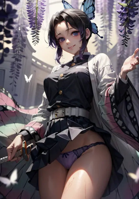 (Representative work: 1.2), (Best image quality: 1.2), Solo, Only Daughter, Shinobu Little Butterfly, Happy Smile, Light Japan Sword, (White shirt: 1.4), Face, Realistic eyes, Lilac eyes, Wet face, Black hair, (Butterfly panties: 1.5), (purple Micro pantie...