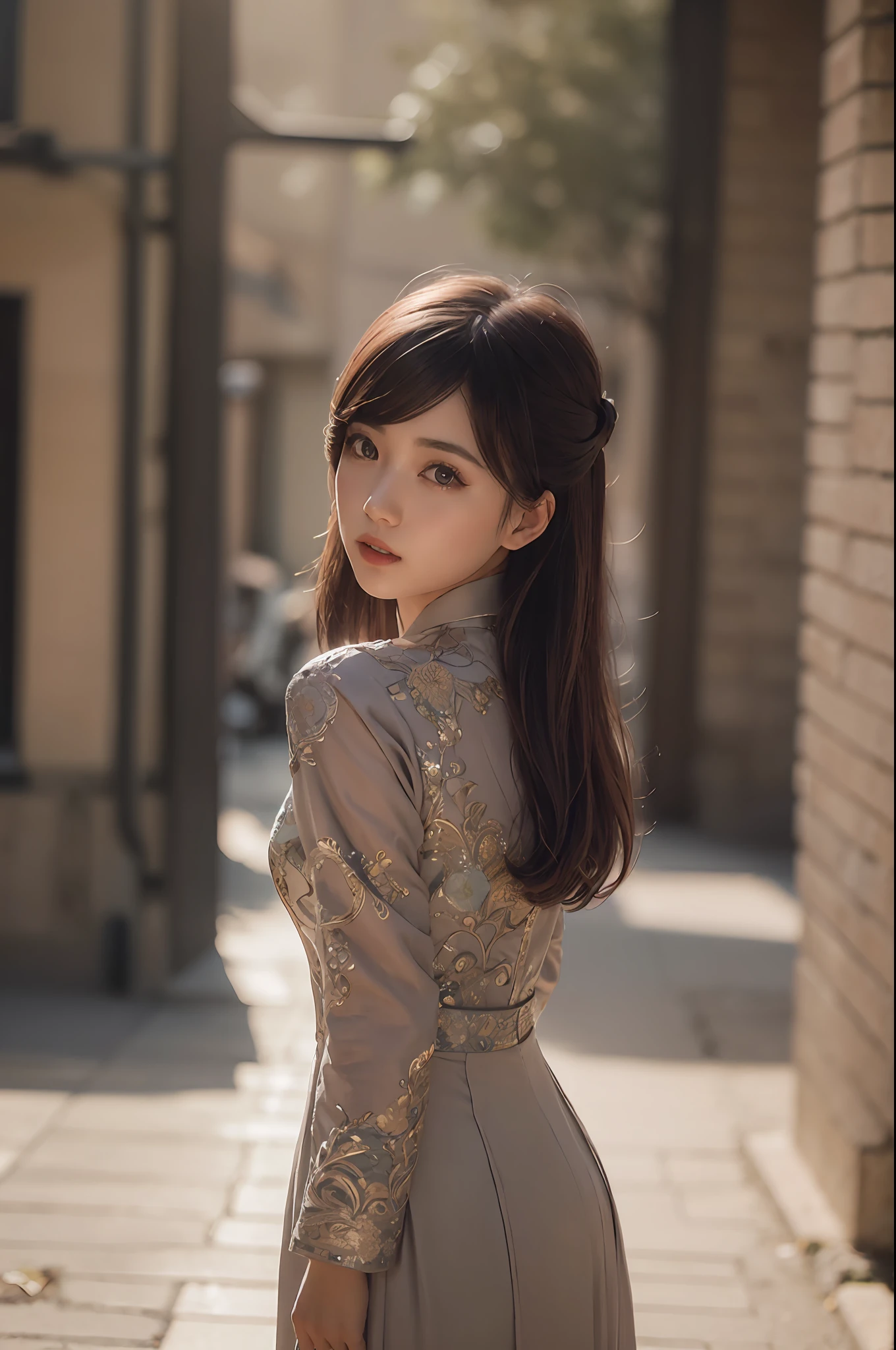 a beautiful girl in vintage colors aodai , masterpiece, best quality, realistic:1.3, street, sunlight, backlighting, ((((hdr)))), ((((muted colors)))), intricate scene, artstation, intricate details, vignette