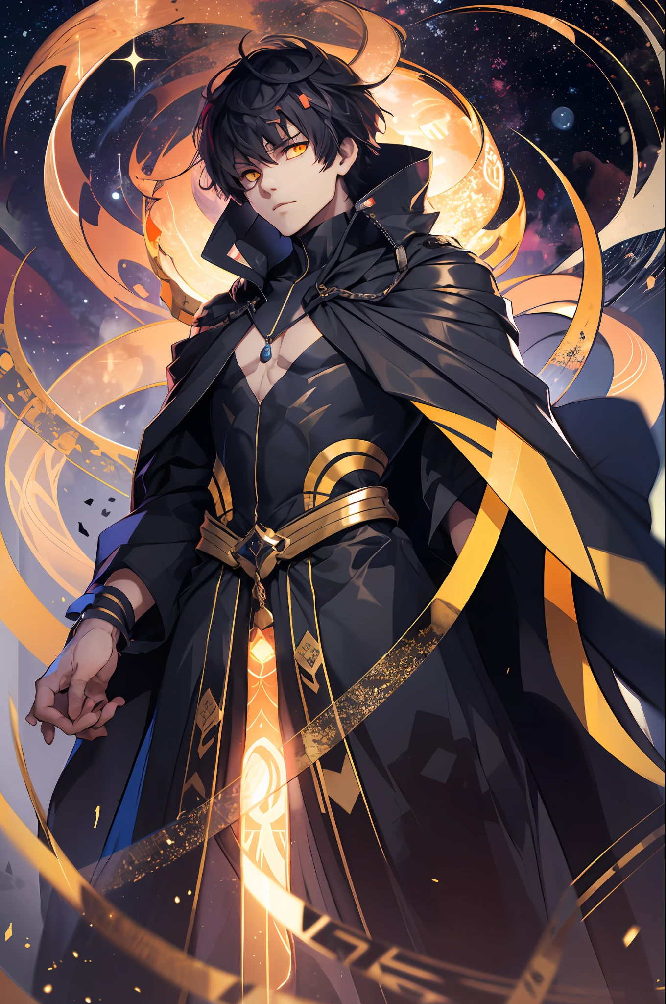 Tall young god, wearing a black robe, with black smoke all around, black hair that seems to be coming forward, bright yellow eyes, with a dark mystical aura, shadows and darkness, cosmic aura, with black crystals all around