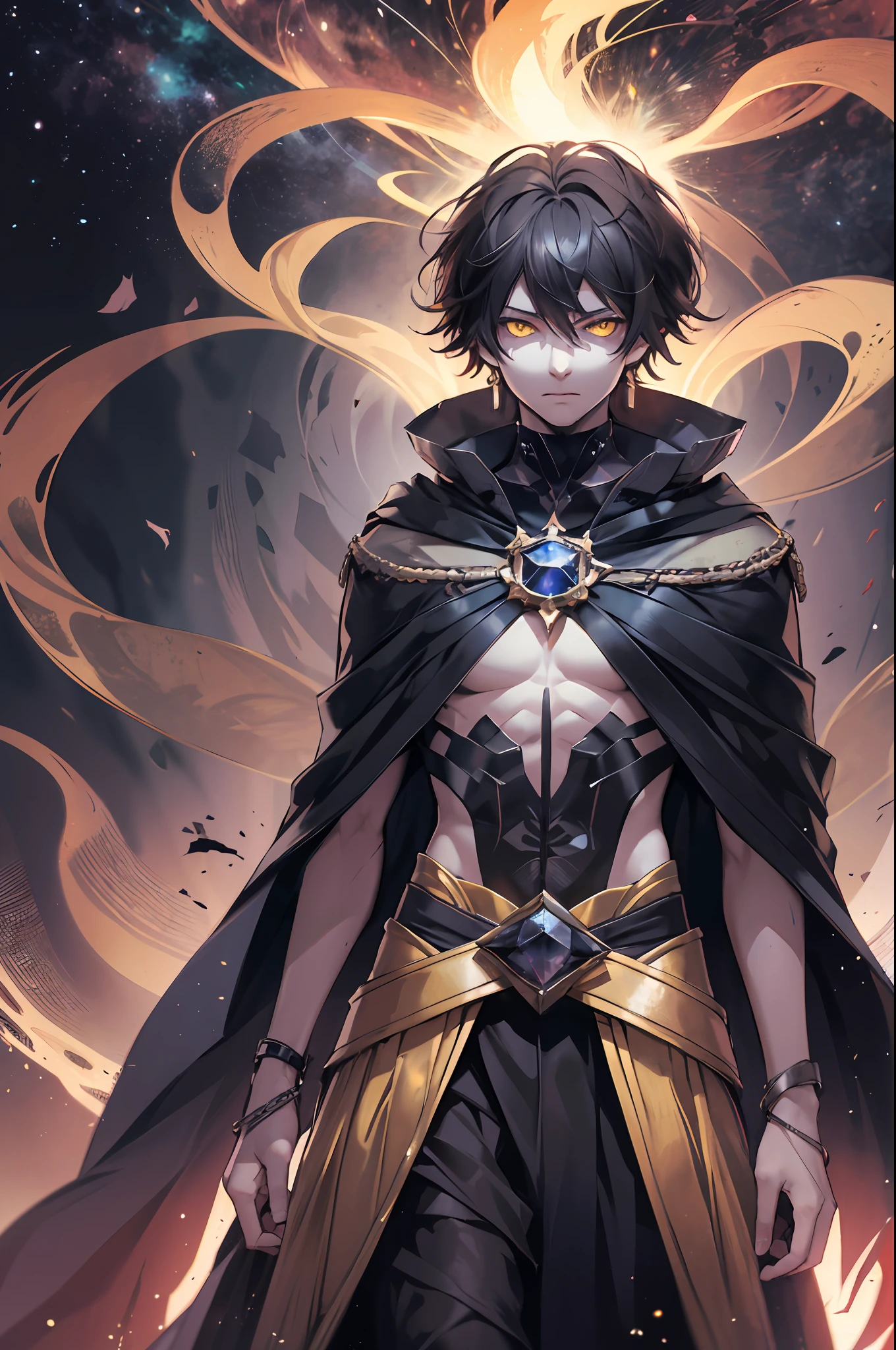 Tall young god, wearing a black robe, with black smoke all around, black hair that seems to be coming forward, bright yellow eyes, with a dark mystical aura, shadows and darkness, cosmic aura, with black crystals all around