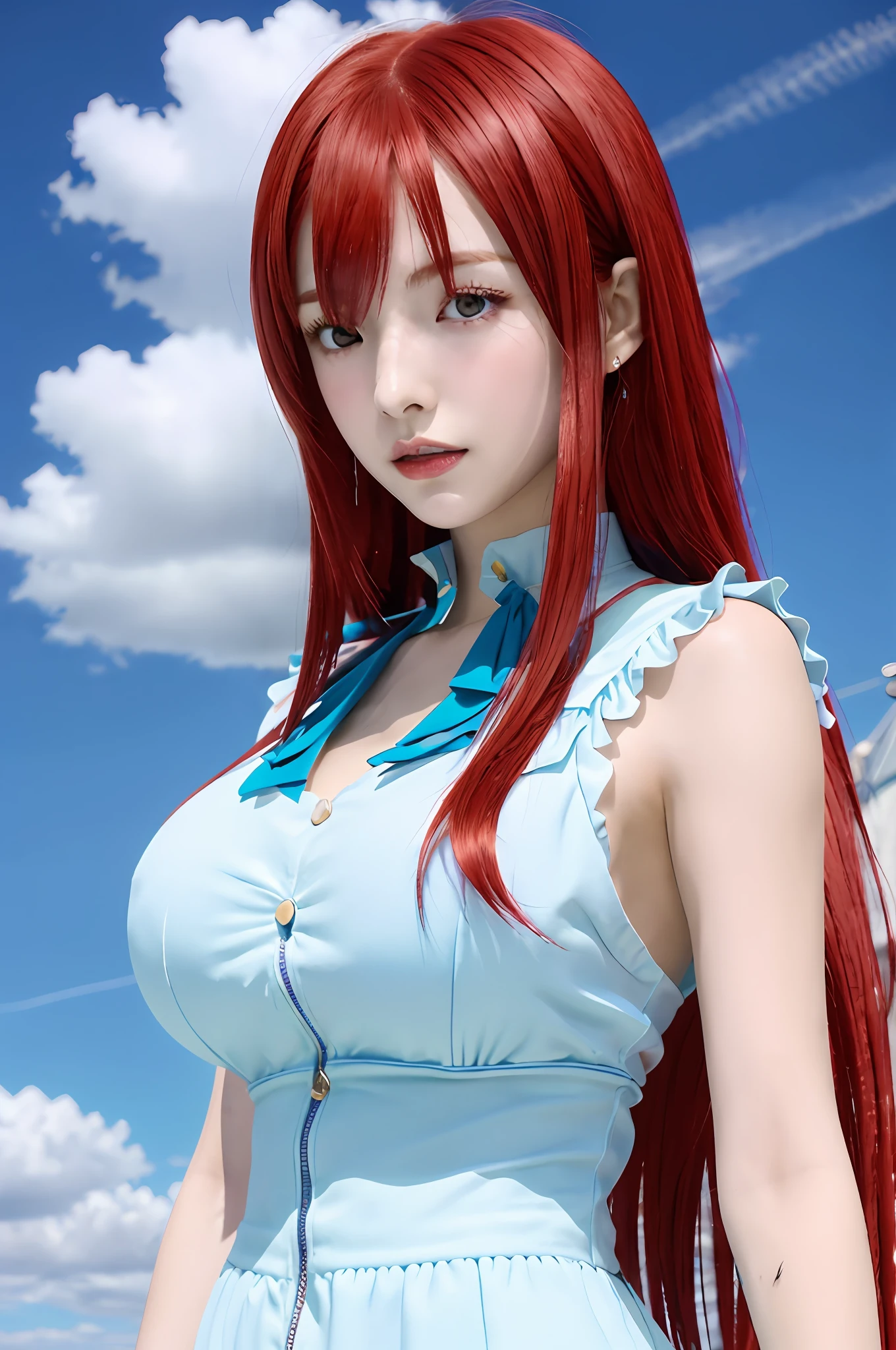 arafly dressed woman com cabelo ruivo and blue dress posing for a picture, Erza Scarlet as a real person, garota de anime na vida real, Erza Scarlet, Cosplay de garota de anime, Erza de Fairy Tail, deusa ruiva, Anime hiper realista, Asuka, anime fotorrealista, Deusa dos animes, com cabelo ruivo, anime fotorrealista girl render