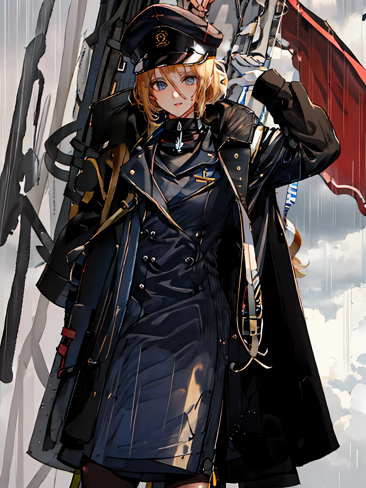 ((masterpiece, best quality)), (1girl), (solo), (female focus), (short white hair, undercut), black eyes, (black cap), black military uniform, (black trench coat, long trench coat), wet clothes, (hands in pockets), (heavy rain, cloudy, cloudy), standing, short blonde hair, short blonde hair, short blonde hair