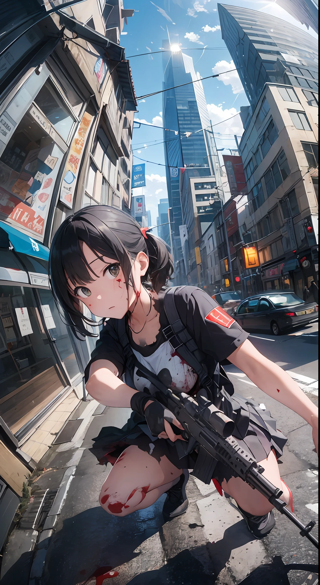 背景に建物を持つ街の通りに銃を持つアニメの女の子 Seaart Ai