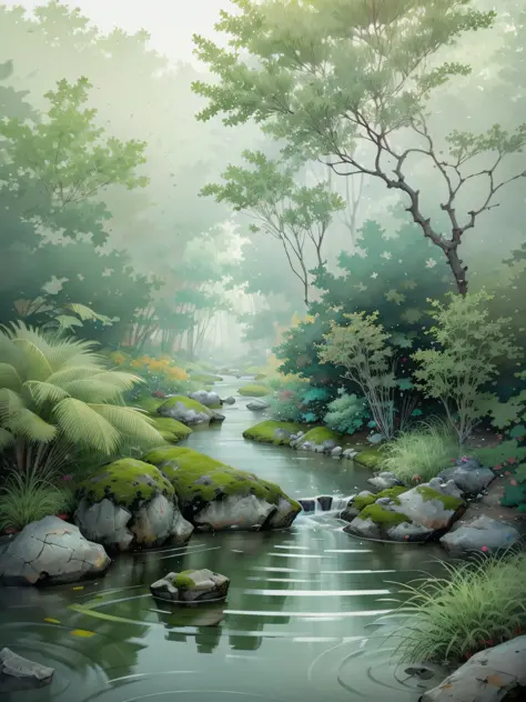 Chinese ancient times, spring, jungle, lake, cave, waterfall, tree, meadow, rock, deer, hot spring, water vapor, (illustration: ...