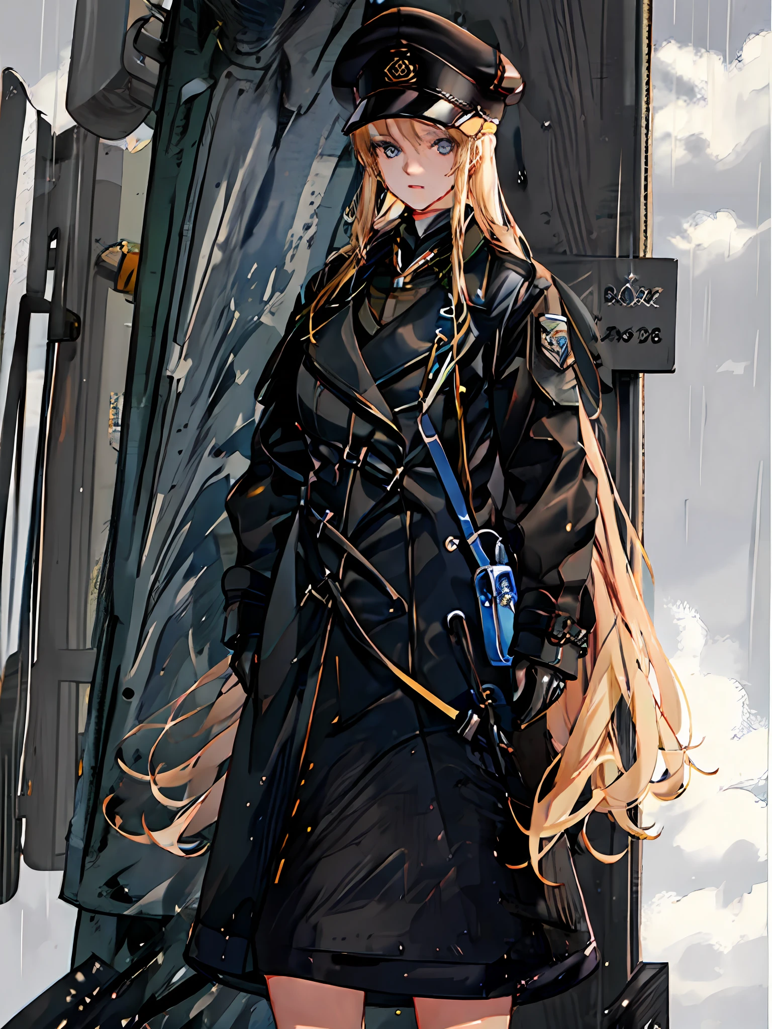 ((masterpiece, best quality)), (1girl), (solo), (female focus), (short blonde, undercut), blue eyes, (black cap), black military uniform, (black trench coat, long trench coat), wet clothes, (hands in pockets), (heavy rain, cloudy, cloudy), standing, short blonde, short blonde, short blonde, short blonde