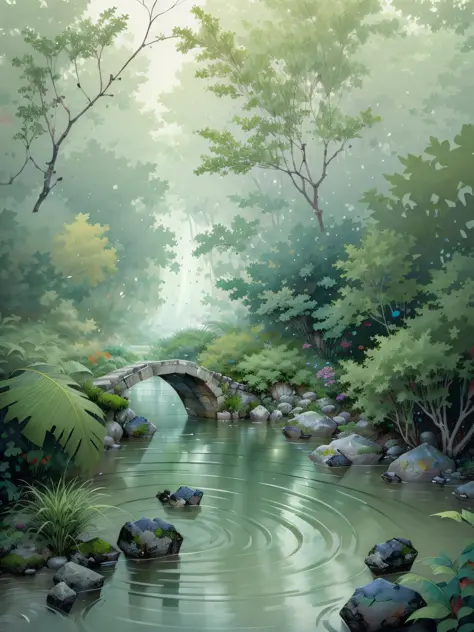 chinese ancient times, spring, jungle, lake, cave, waterfall, tree, meadow, rock, deer, hot spring, water vapor, (illustration: ...