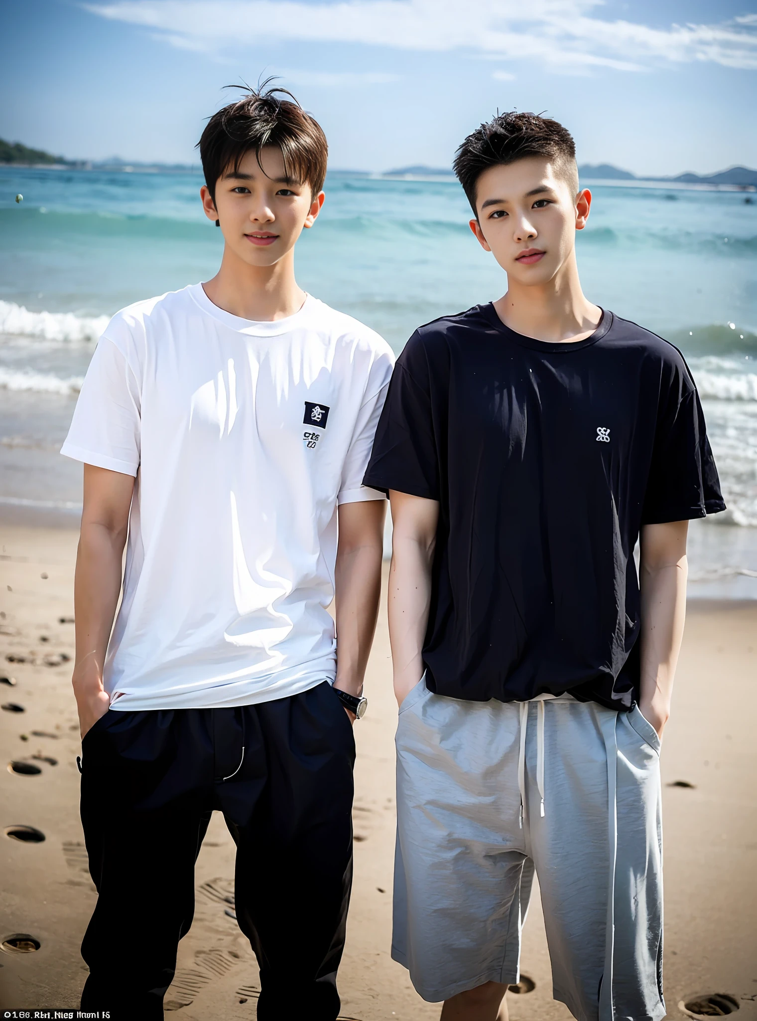 (Chinese Handsome: 1.5), two men on the beach with realistic details, realistic photos, textured skin, looking into the camera, 18 years old boy, studio, danshi koukousei, model, long legs, gay couple