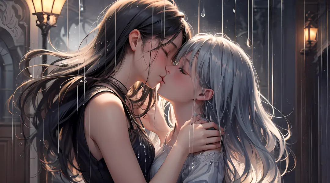 An upper-body portrait capturing a romantic and enchanting moment of a girl and a boy kissing in the rain. The raindrops cascade...