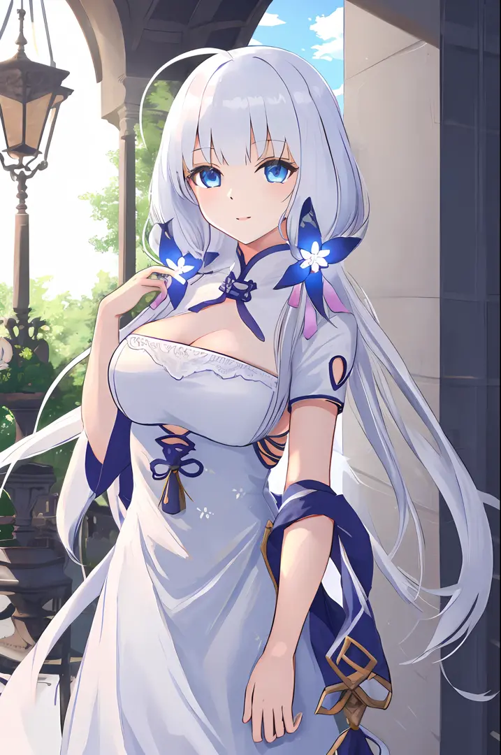 masterpiece, best quality, rays, column, tru illustrious (maiden lily's radiance) (azur lane), white hair, very long hair, blue ...