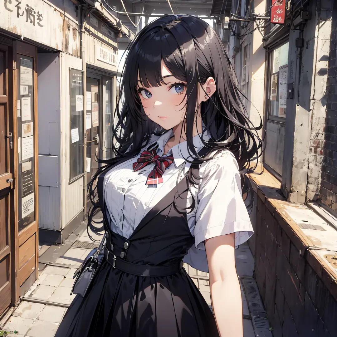 Absurd resolution, high resolution, (masterpiece: 1.4), hyper-detailed, school dress up as a black-haired young woman, at school, looking at the camera