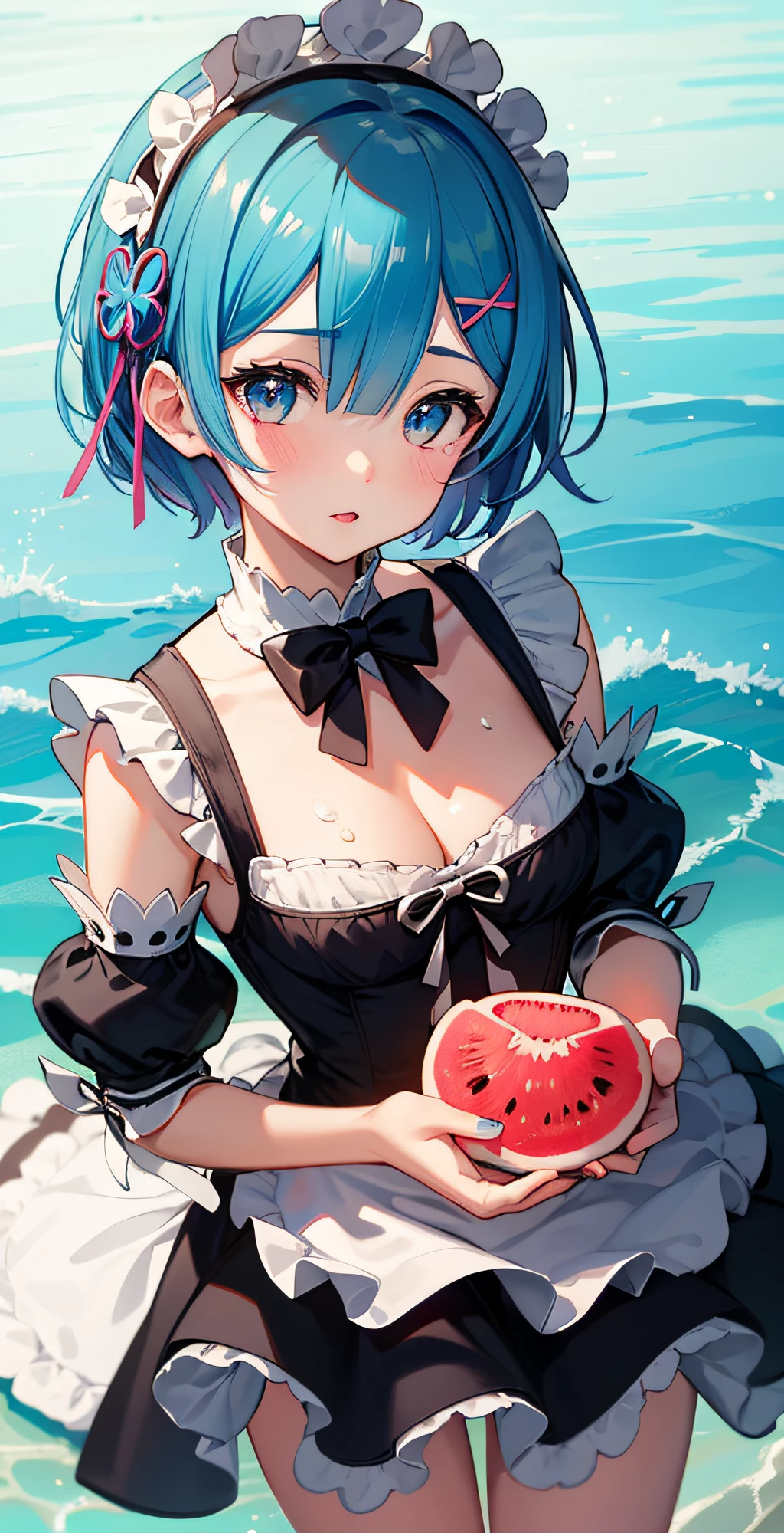 masterpiece, best quality;1.3), ultra detailed, ooking at viewer, rem_re_zero, Facial close-up,blue hair, short hair, maid uniform, hair ornament, cleavage, maid headdress, detached sleeves, masterpiece, top quality, best quality, 1 little girl, swimsuit party, in the water,fish,watermelon,cute style, perfect structure, summer theme，