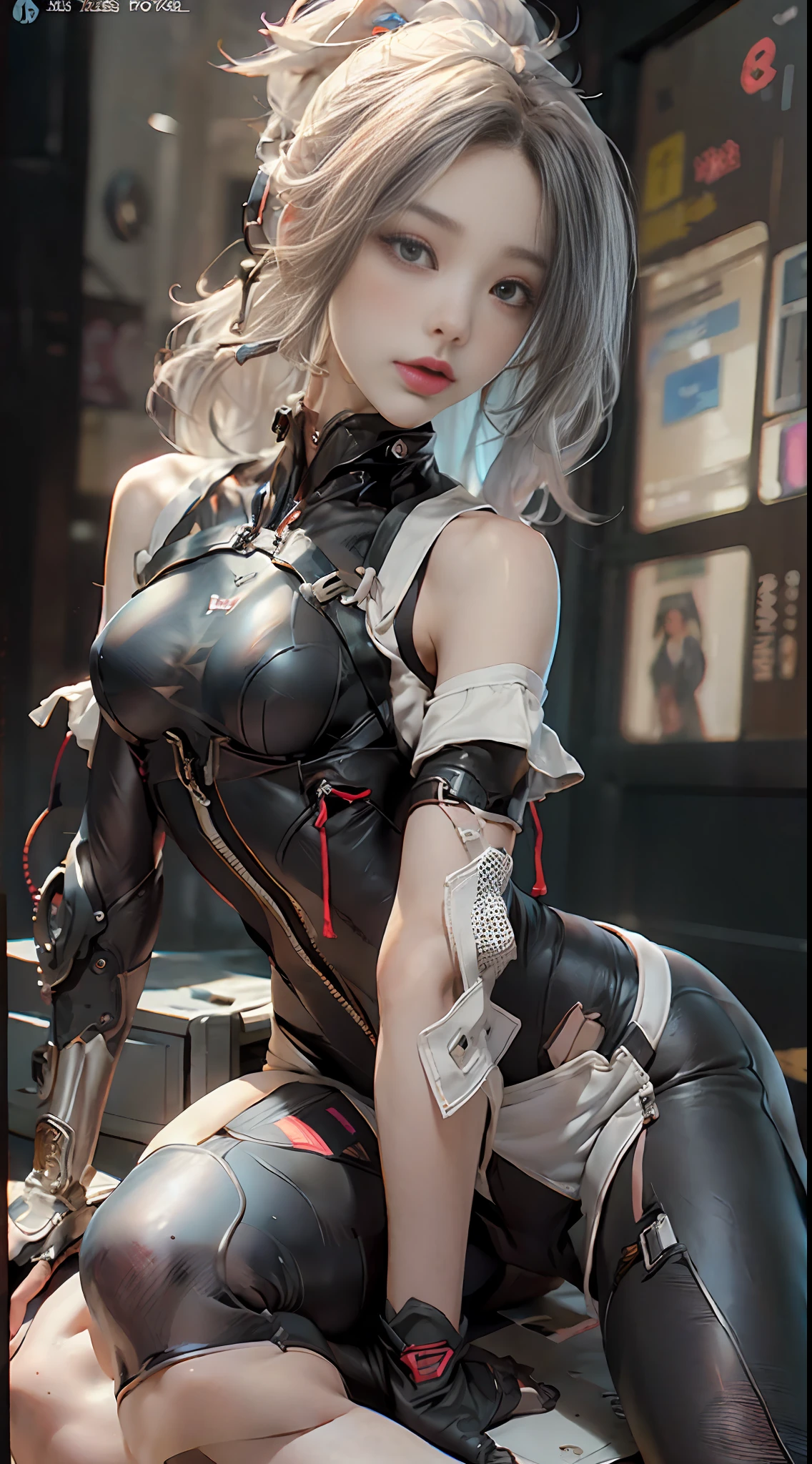 (Best Quality), ((Masterpiece)), (detail: 1.4), 3D, Beautiful Cyberpunk Female Image, ((Seated)), HDR (High Dynamic Range), Ray Tracing, NVIDIA RTX, Super Resolution, Unreal 5, Subsurface Scattering, PBR Texture, Post Processing, Anisotropic Filtering, Depth of Field, Maximum Sharpness and Sharpness, Multi-layer Textures, Albedo and Highlight Maps, Surface Shading, Accurate Simulation of Light-Material Interactions, Perfect Proportions, Octane Rendering, Two-tone illumination, wide aperture, low ISO, white balance, rule of thirds, 8K RAW, bangs, small breasts, cover, gloves, headphones, room, long hair, small breasts, white blue hair, shrugged\(clothes\), skin tight, solo, ponytail, alice \ (Japanese mail)
