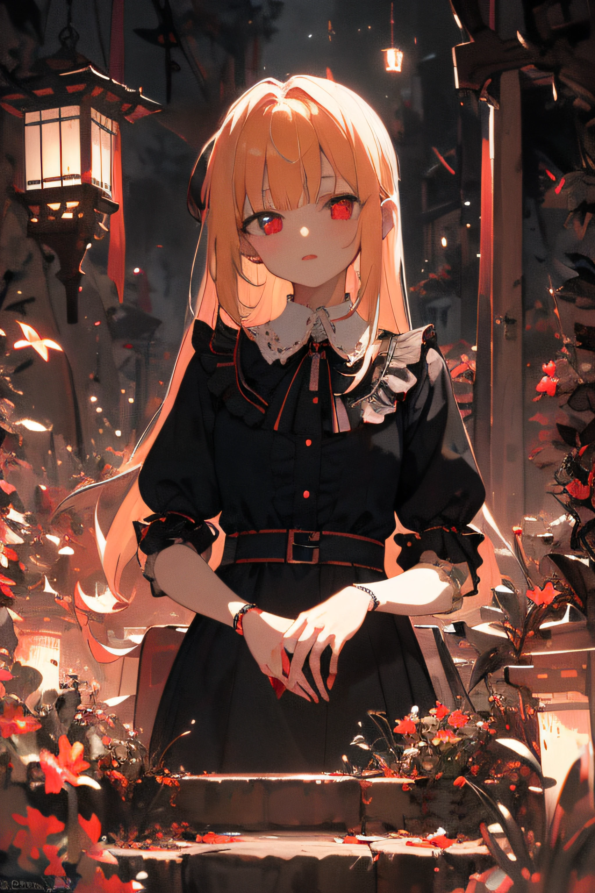 (Masterpiece, Best quality, Ultra-detail, best shadow), detail background, beautiful and cute detail face, high contrast, best illumination, an extremely delicate and beautiful, (Cinematic light, red eye, Yellow hair, 15 years old anime girl), dark and black gothic lolita, love face, (doll), lewd clothes, shard left claw.