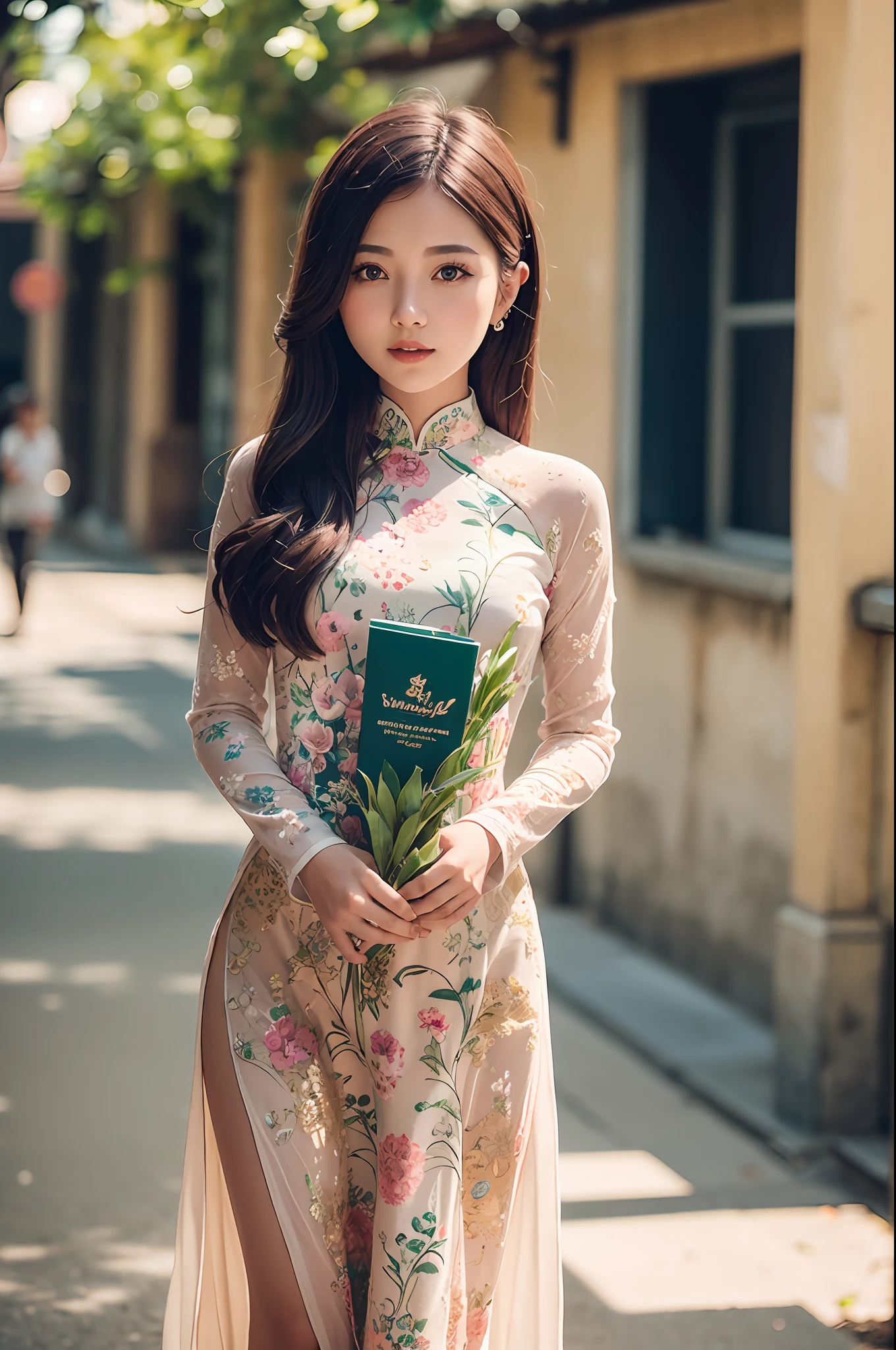 a beautiful girl in vintage colors aodai , masterpiece, best quality, realistic:1.3, street, holding bundle of adubon flowers, sunlight, backlighting, intricate scene, artstation, intricate details, vignette