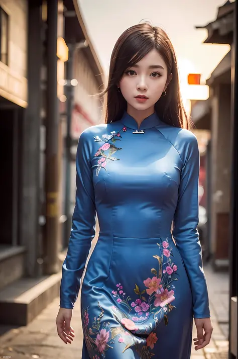 a beautiful girl in vintage colors aodai , masterpiece, best quality, realistic:1.3, street, cyberpunk, sunlight, backlighting, ...