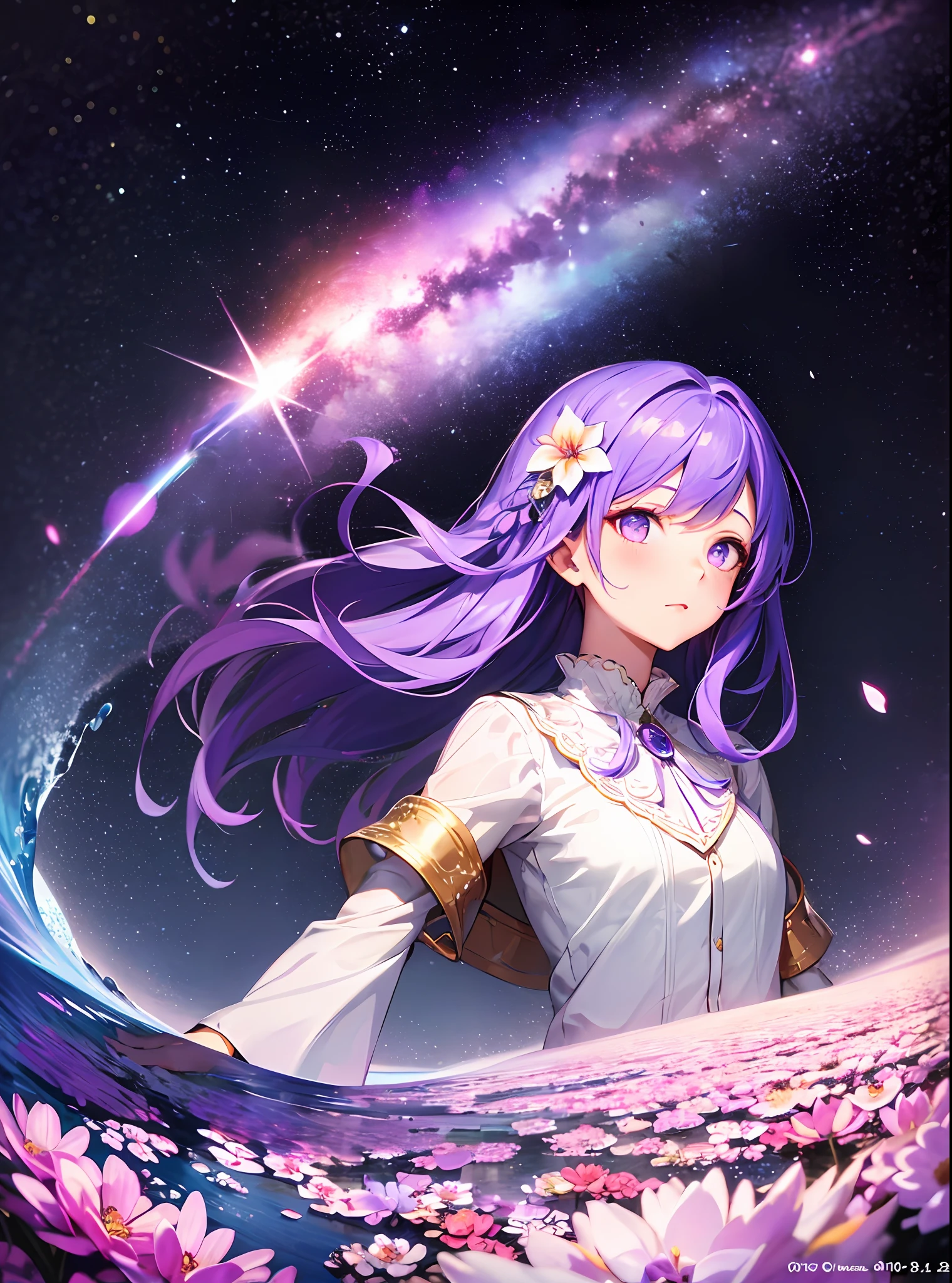 absurdity, high definition, (official art, beauty and aesthetics: 1.2),
1 girl, purple hair, middle hair, purple crystal eyes, shiny eyes,
purple sky, glittering galaxies, (Uyuni salt marsh: 1.2),
(Surrealism: 1.15), (fractal art: 0.3),
Water effect, ripple effect, (flower effect: 0.65), light effect, 8K wallpaper,