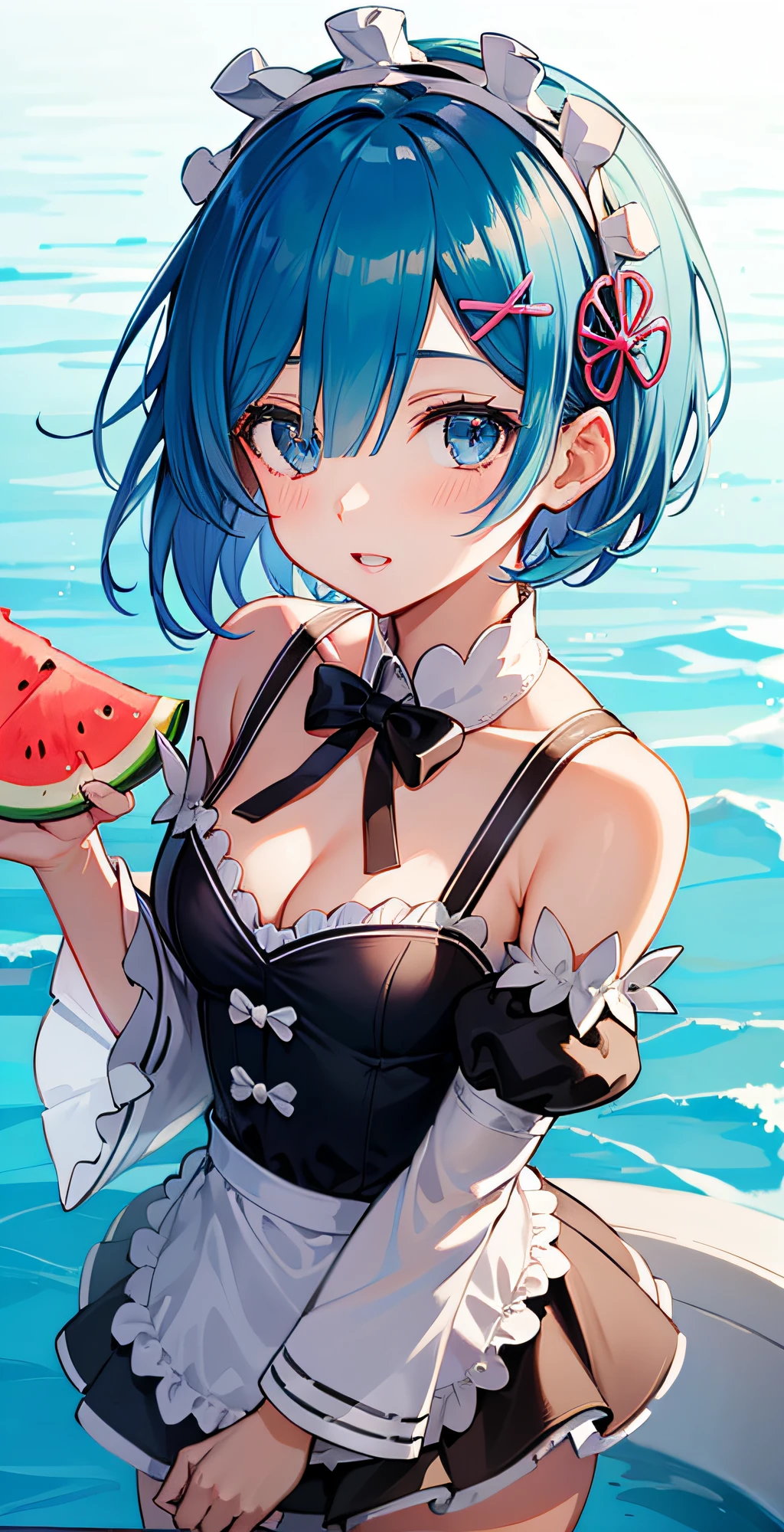 masterpiece, best quality;1.3), ultra detailed, ooking at viewer, rem_re_zero, Facial close-up,blue hair, short hair, maid uniform, hair ornament, cleavage, maid headdress, detached sleeves, masterpiece, top quality, best quality, 1 , swimsuit , in the water,fish,watermelon,cute style, perfect structure, summer theme，