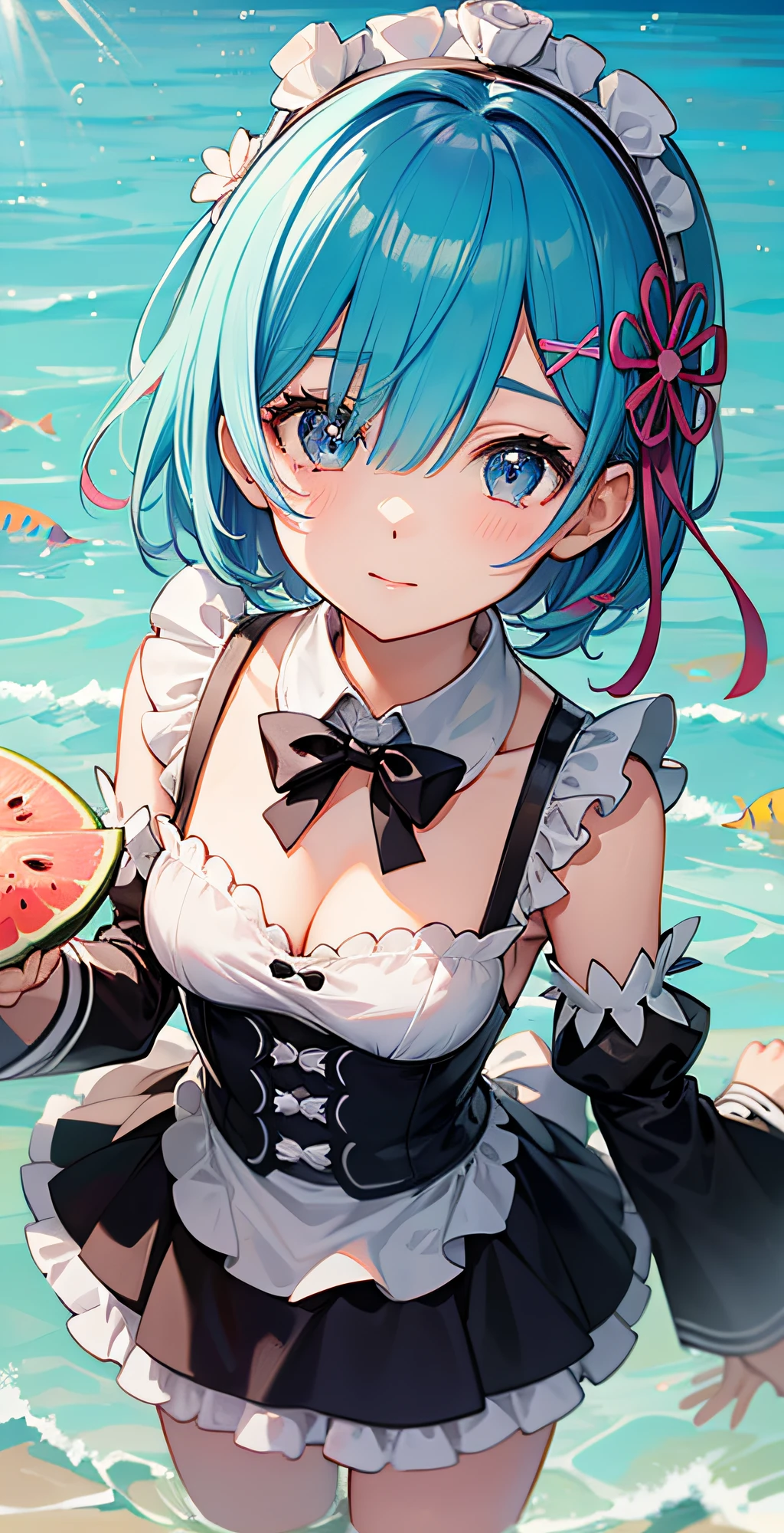 masterpiece, best quality;1.3), ultra detailed, ooking at viewer, rem_re_zero, Facial close-up,blue hair, short hair, maid uniform, hair ornament, cleavage, maid headdress, detached sleeves, masterpiece, top quality, best quality, 1 little girl, swimsuit party, in the water,fish,watermelon,cute style, perfect structure, summer theme，