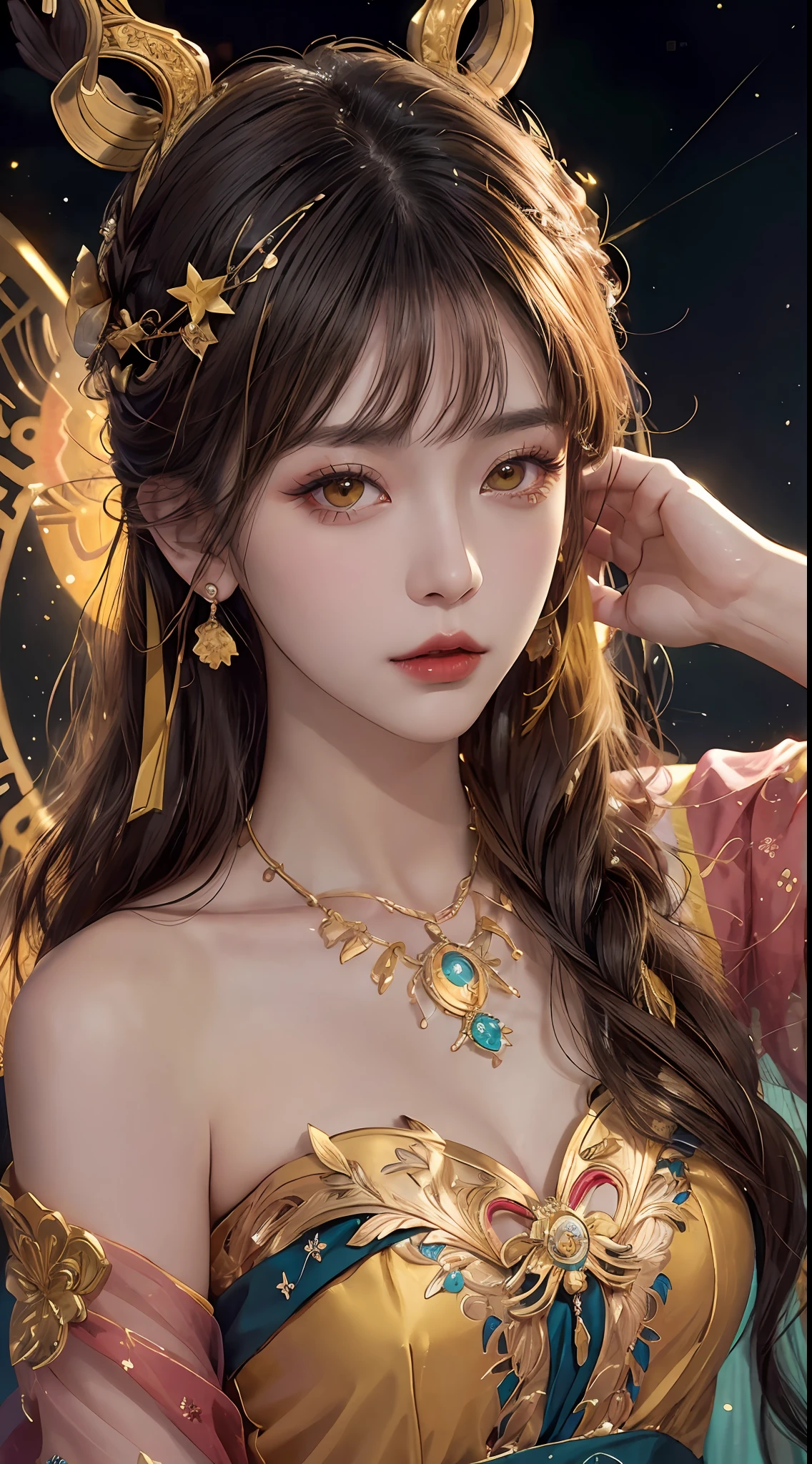 1 2, 1 황도 십이궁 goddess from the future, goddess of the pink and purple 12 황도 십이궁s, the goddess of the 황도 십이궁 in a yellow ao dai, a 12 황도 십이궁 ao dai with many black lace detail, mythology Goddess of the 12 황도 십이궁s from the future, 황도 십이궁 ♏, luxurious glittering 황도 십이궁 style, 어둡고 신비로운 버전, 황도 십이궁 crown, 립스틱 입술 레드, 얇고 아름다운 입술, 미소는 시청자를 사랑에 빠지게 만든다, Karol Bak과 Pino Daeni가 만든 캐릭터, 복잡한 디테일, 자세한 배경, 매우 상세한, 가벼운 마법, 여자, 맑은 얼굴, look at the face of goddess zodialook at the 황도 십이궁 goddess face, 앞머리가 있는 긴 머리, 세세한 부분까지 아름다운 얼굴과 균형잡힌 눈, (투명한 노란 눈: 1.8), 큰 동그란 눈과 정말 아름답고 섬세한 메이크업, 선견, 실크 드레스, 신비한 메이크업, 더블뱅과 밝은 금발로 염색, 상체, 황도 십이궁 goddess 상체, 느슨하게 늘어진 팔, 현실적이고 생생한 사진, (stars make up the 황도 십이궁: 1.7), (sky background 황도 십이궁 and fictitious space and time portal: 1.8), 소설 예술, RAW 사진, 한푸 그림, 최고의 사진, 최고의 사진 quality, 8K 품질, 8K 울트라, 초현실적, 실제 사진 가장 경제적, artistic portrait of goddess 황도 십이궁,