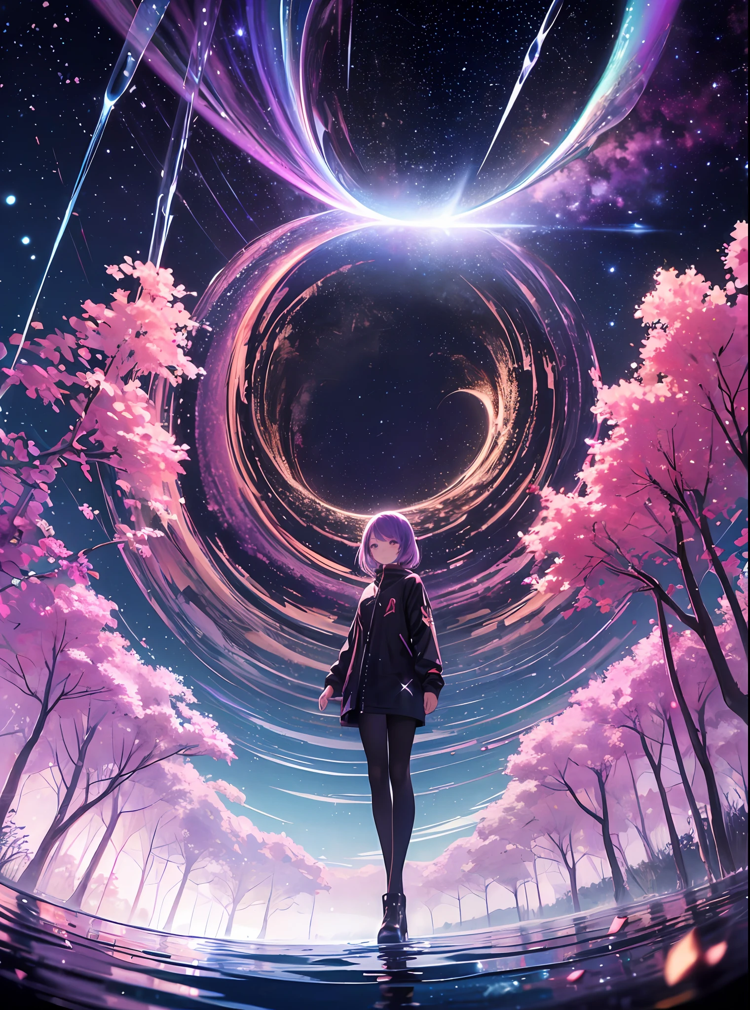 absurdity, high definition, (official art, beauty and aesthetics: 1.2),
1 girl, purple hair, middle hair, purple crystal eyes, shiny eyes,
purple sky, glittering galaxies, (Uyuni salt marsh: 1.2),
(Surrealism: 1.15), (fractal art: 0.3),
Water effect, ripple effect, (flower effect: 0.65), light effect, 8K wallpaper,