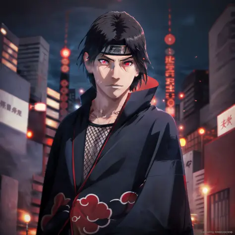 1boy, adult man, dressed in a black kimono, light in the eyes, background destroyed city, ninja,