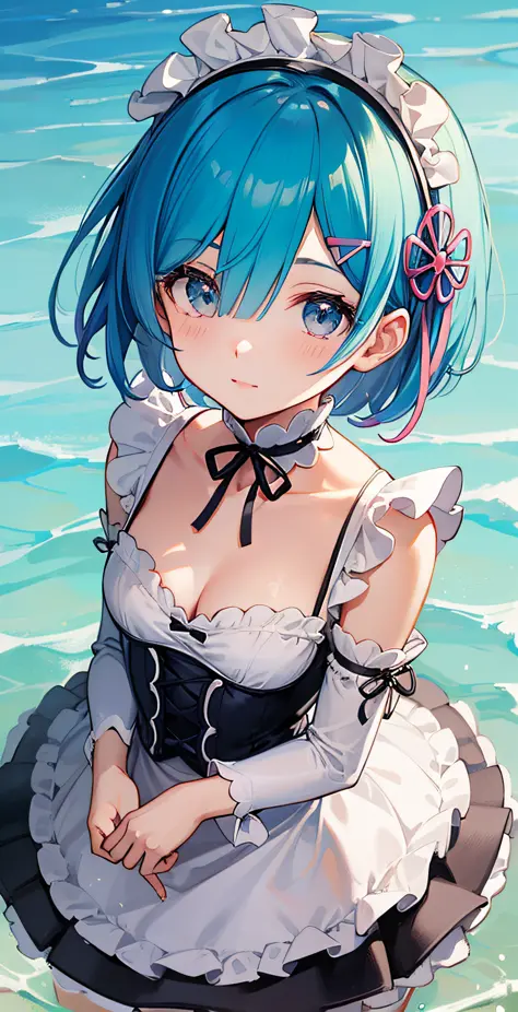 masterpiece, best quality;1.3), ultra detailed, ooking at viewer, rem_re_zero, Facial close-up,blue hair, short hair, maid unifo...