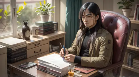 masterpiece, best quality, MAN, sitting,chair,pen,holding_pen,long hair