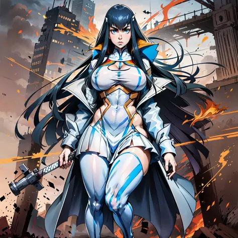 satsuki kiryuin, satsuki kiryuin from kill-la-kill, big breasts, voluminous breasts, curvy breasts, mesh stockings, standing wit...