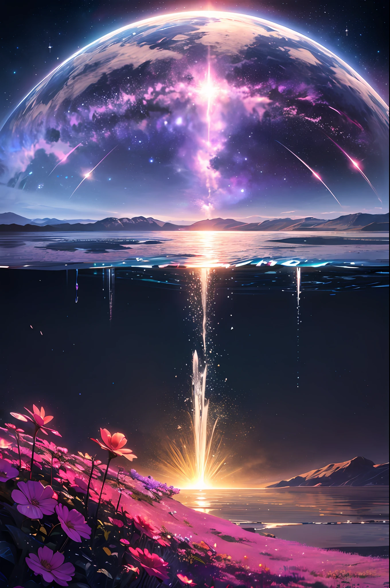 absurdity, high definition, (official art, beauty and aesthetics: 1.2),
1 girl, purple hair, middle hair, purple crystal eyes, shiny eyes,
purple sky, glittering galaxies, (Uyuni salt marsh: 1.2),
(Surrealism: 1.15), (fractal art: 0.3),
Water effect, ripple effect, (flower effect: 0.65), light effect, 8K wallpaper,