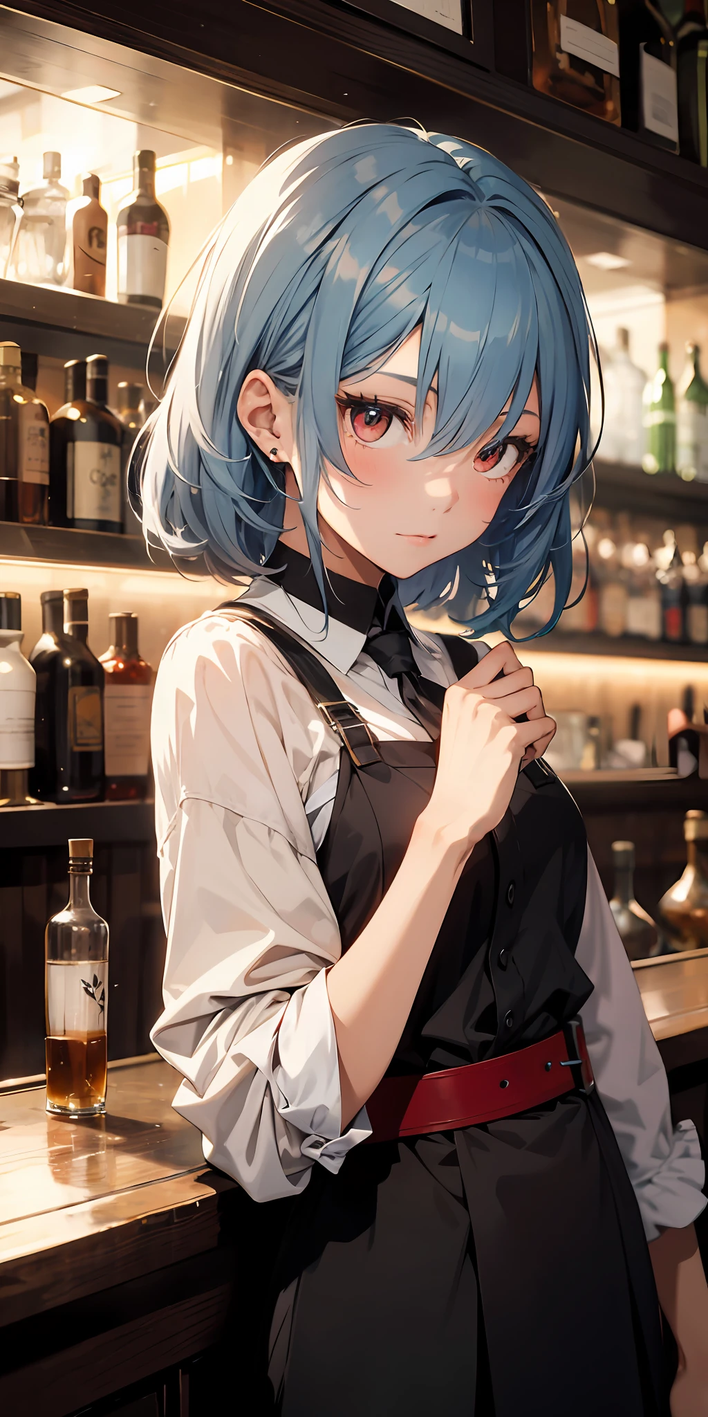 absurd resolution, high resolution, (masterpiece: 1.4), ultra detailed, 1 girl, short light blue hair, red eyes, in a bar